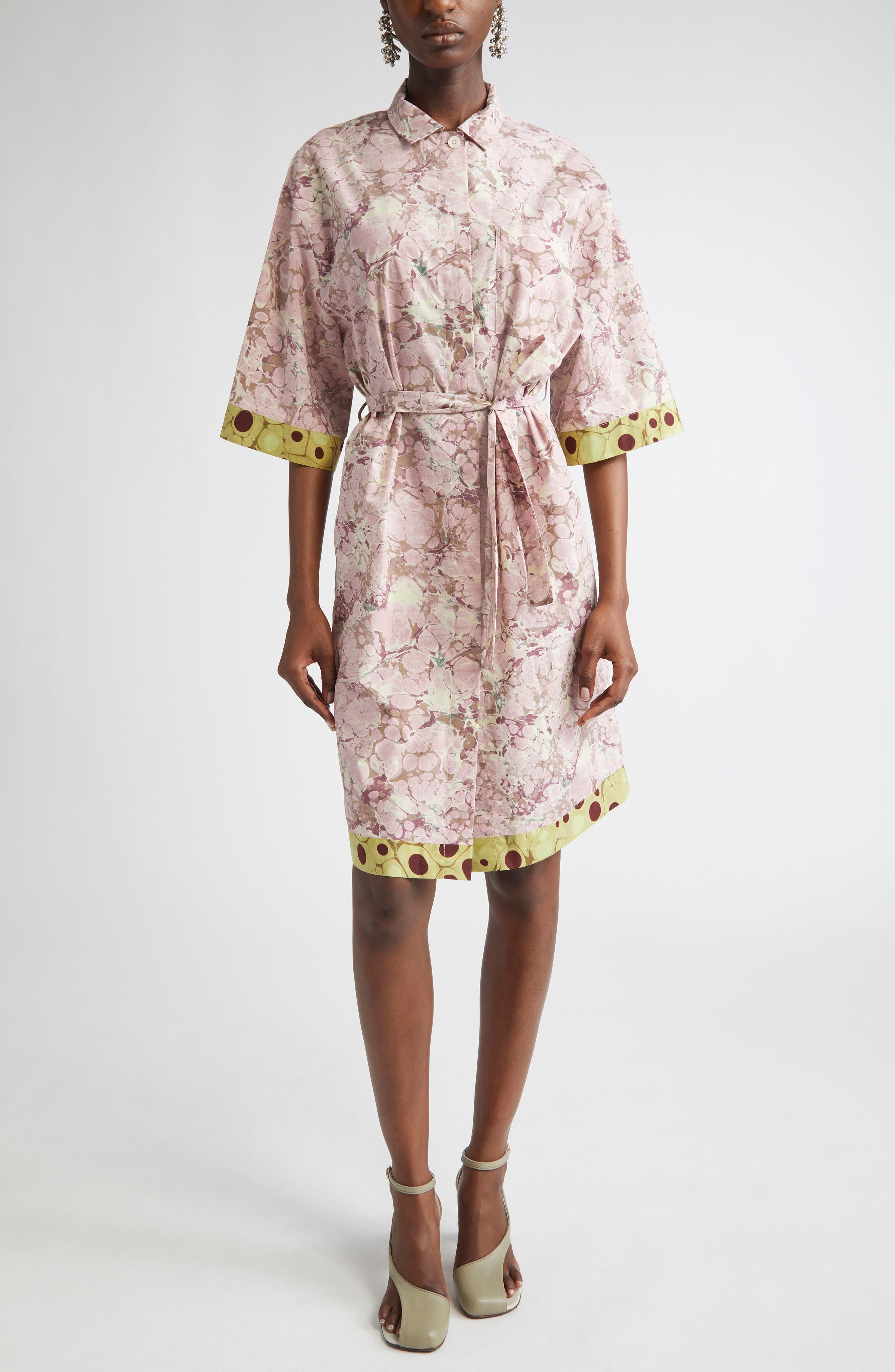 Dries Van Noten Doralia Mixed Print Belted Cotton Poplin Shirtdress in Blush at Nordstrom - 1