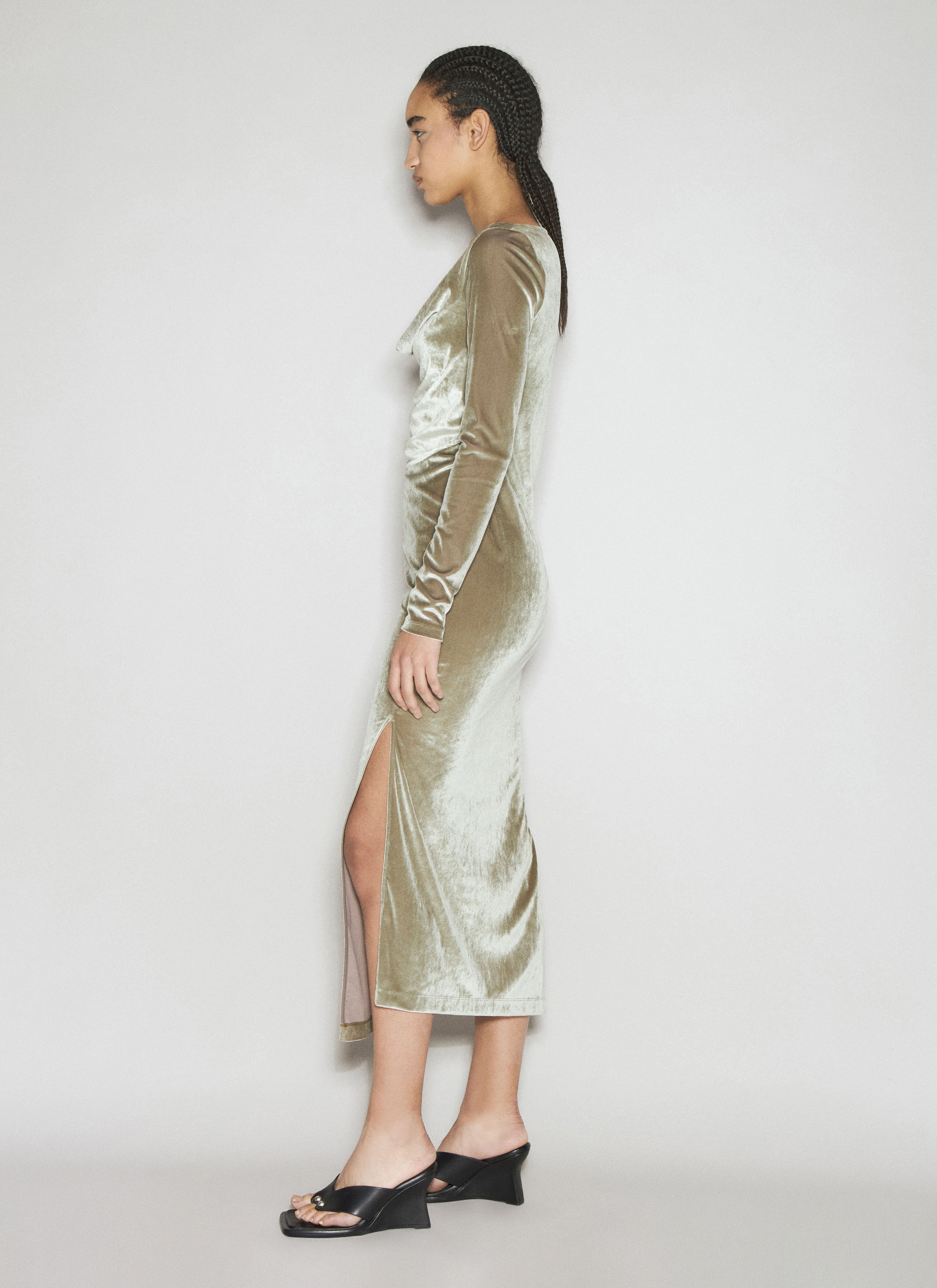 【関税込み】Helmut Lang カーキ アシンメトリ マキシドレス Helmut Lang cowl-neck side-split midi dress | REVERSIBLE