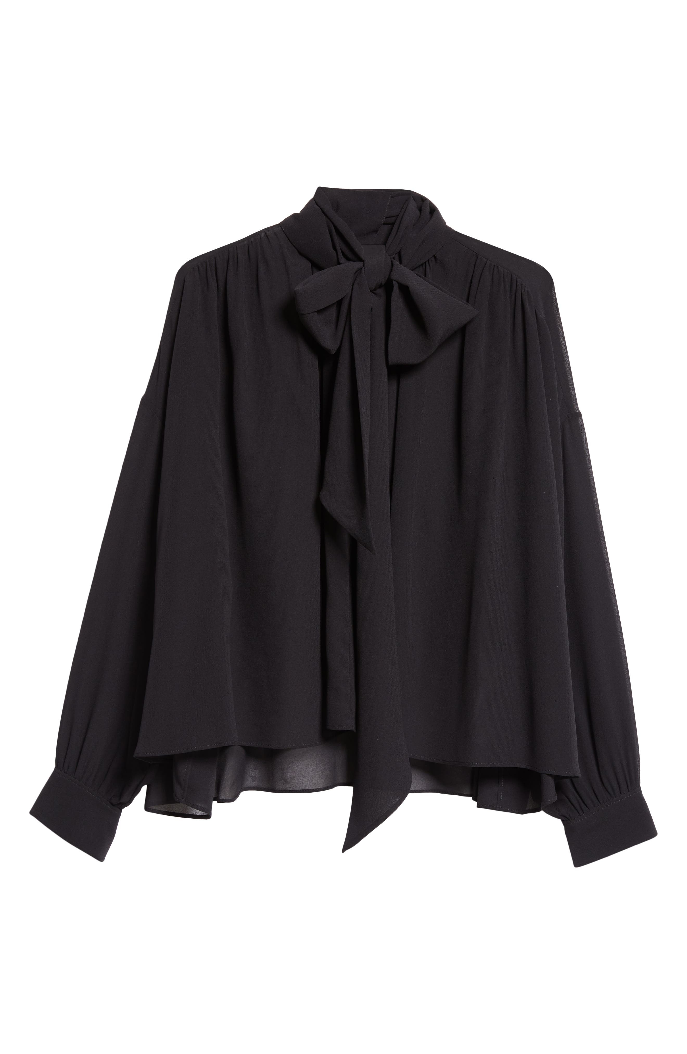 Chloé Draped Semisheer Silk Georgette Tie Neck Top in Black at Nordstrom - 6