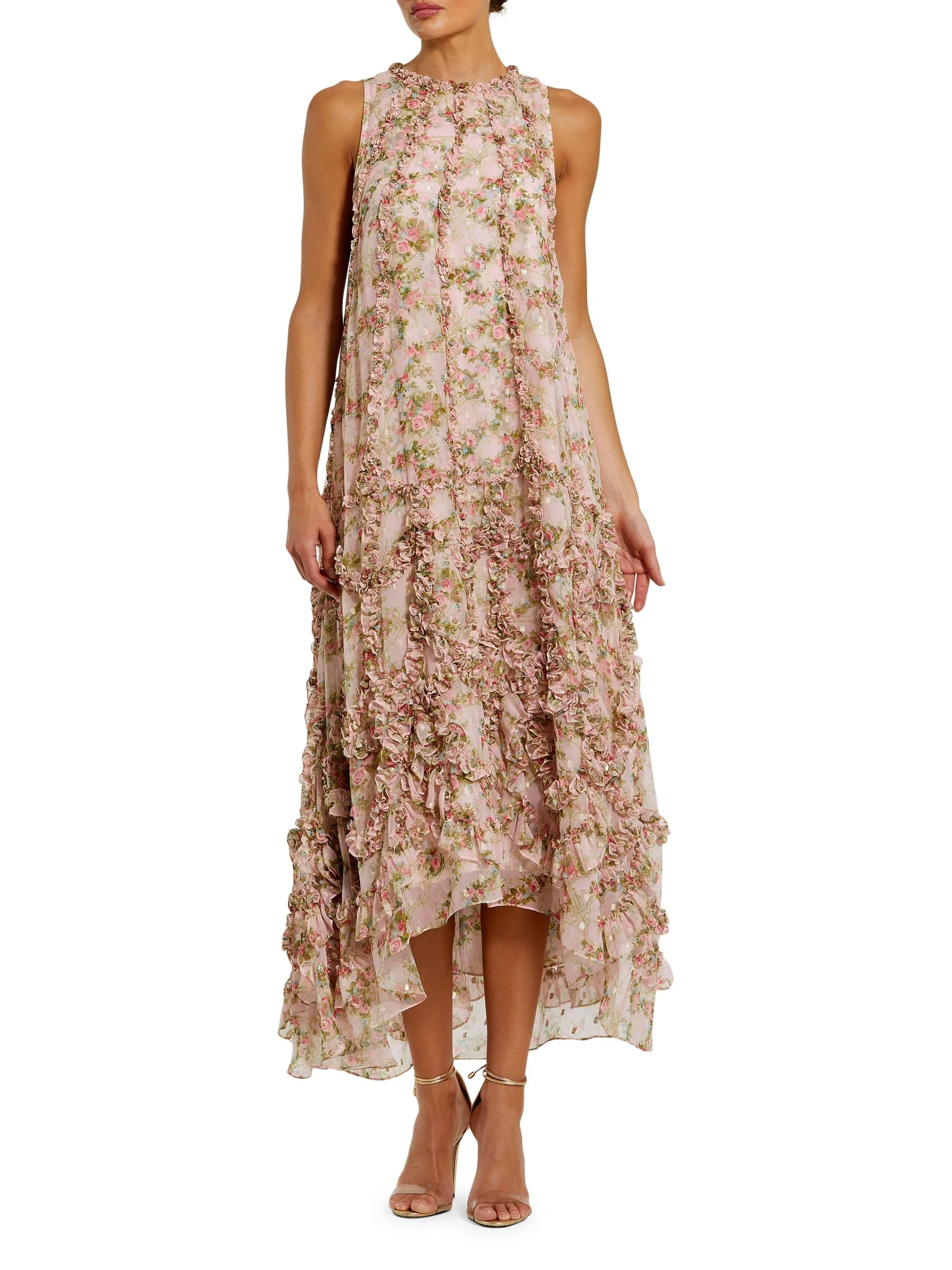 Women's Cocktail Floral Ruffled Sleeveless High-Low Gown - Pink Multi - 1