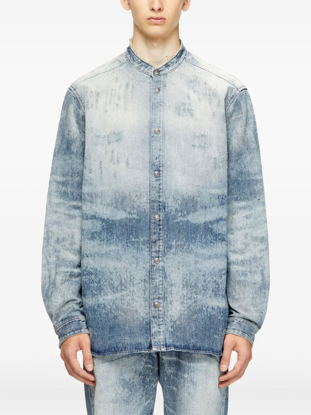 Denim Shirt With Mandarin Collar - 3