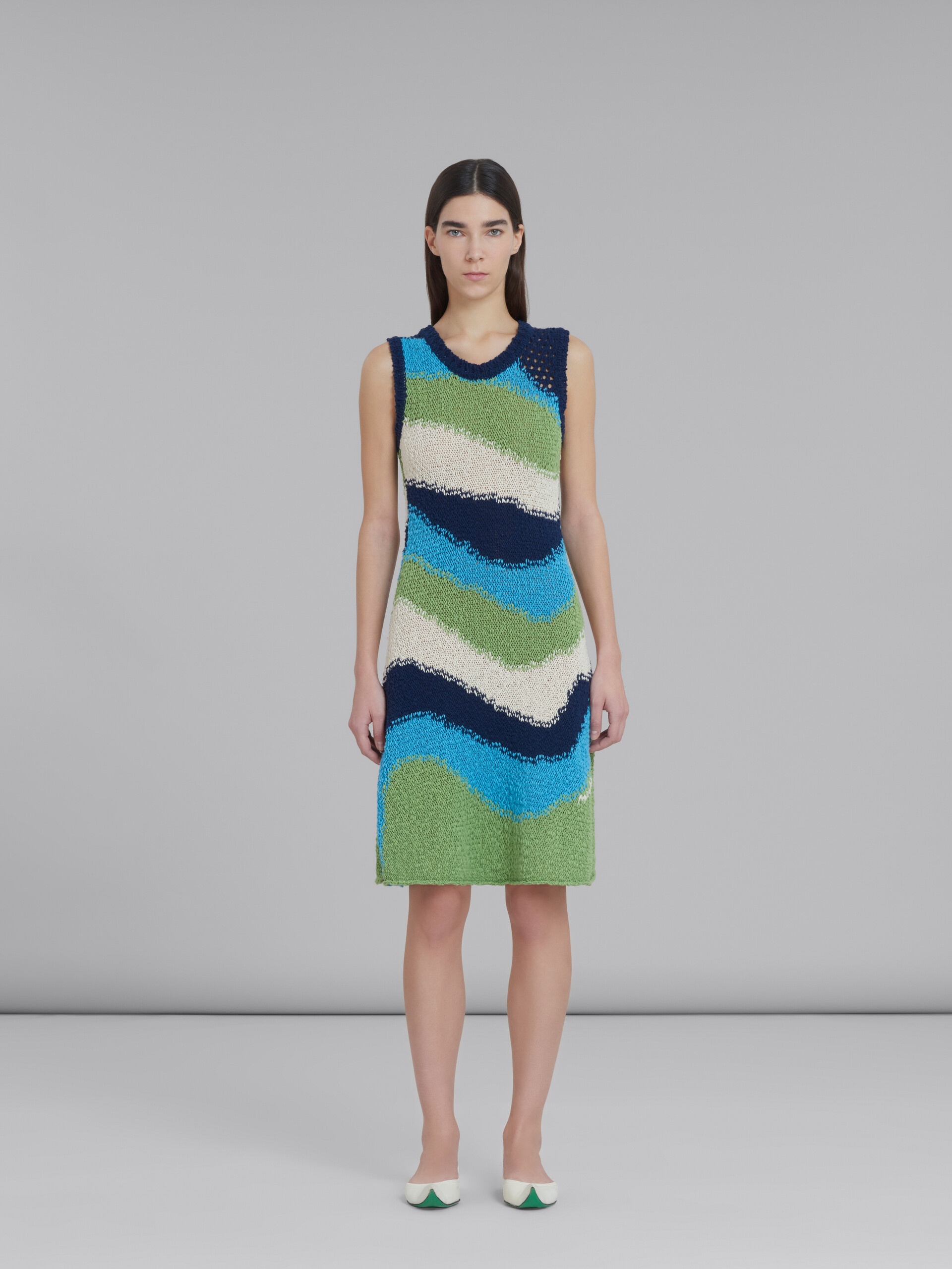 BLUE KNITTED COTTON DRESS WITH WAVY STRIPES - 2
