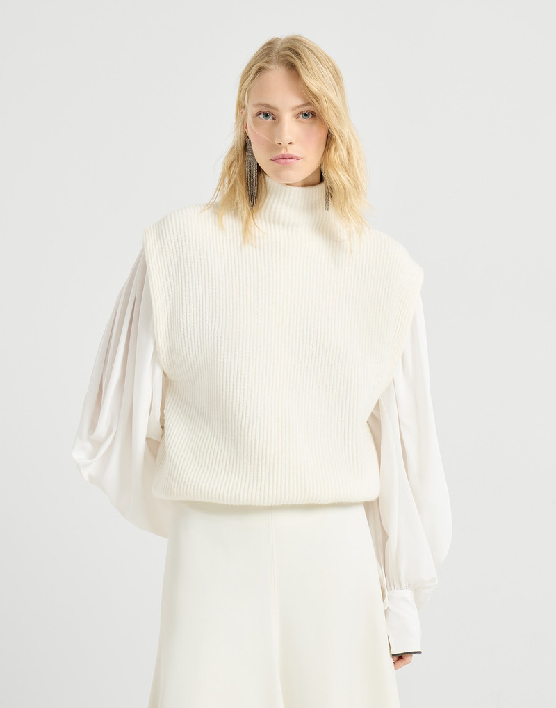 Cashmere English rib knit sleeveless turtleneck sweater with precious zipper 1