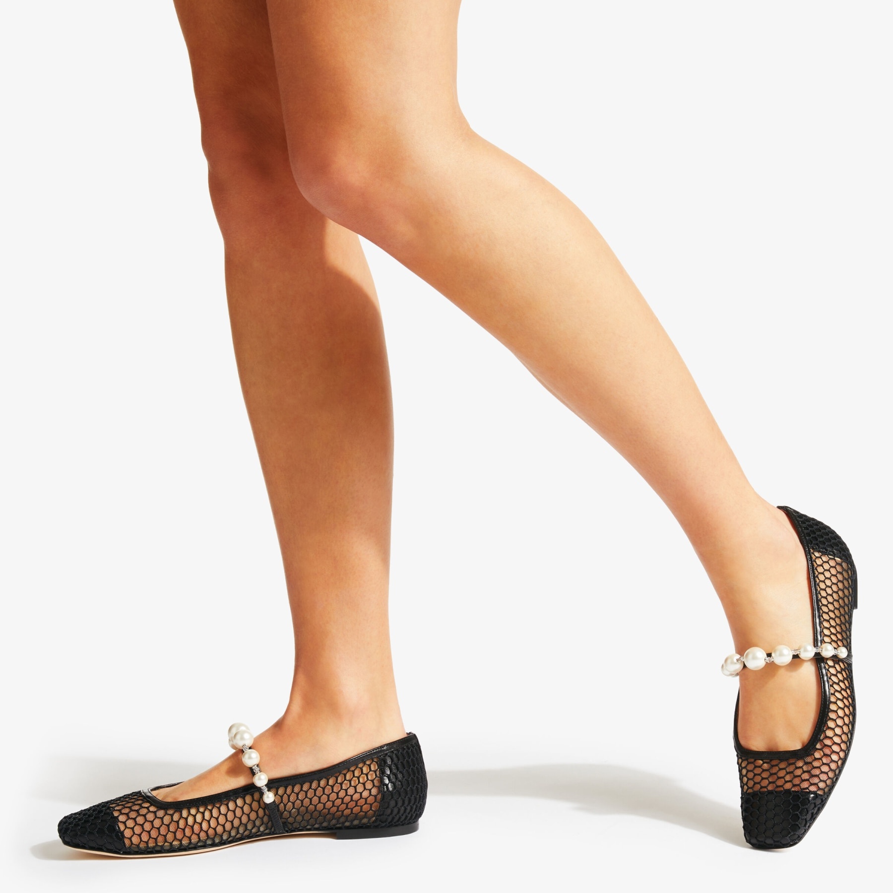 Ade Flat
Black Fishnet Mesh and Nappa Flats with Pearl-Embellished Strap - 2