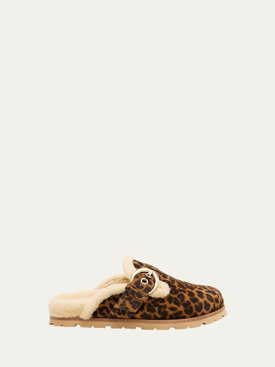 Chrystie Shearling-Lined Leopard Suede Mules - 1