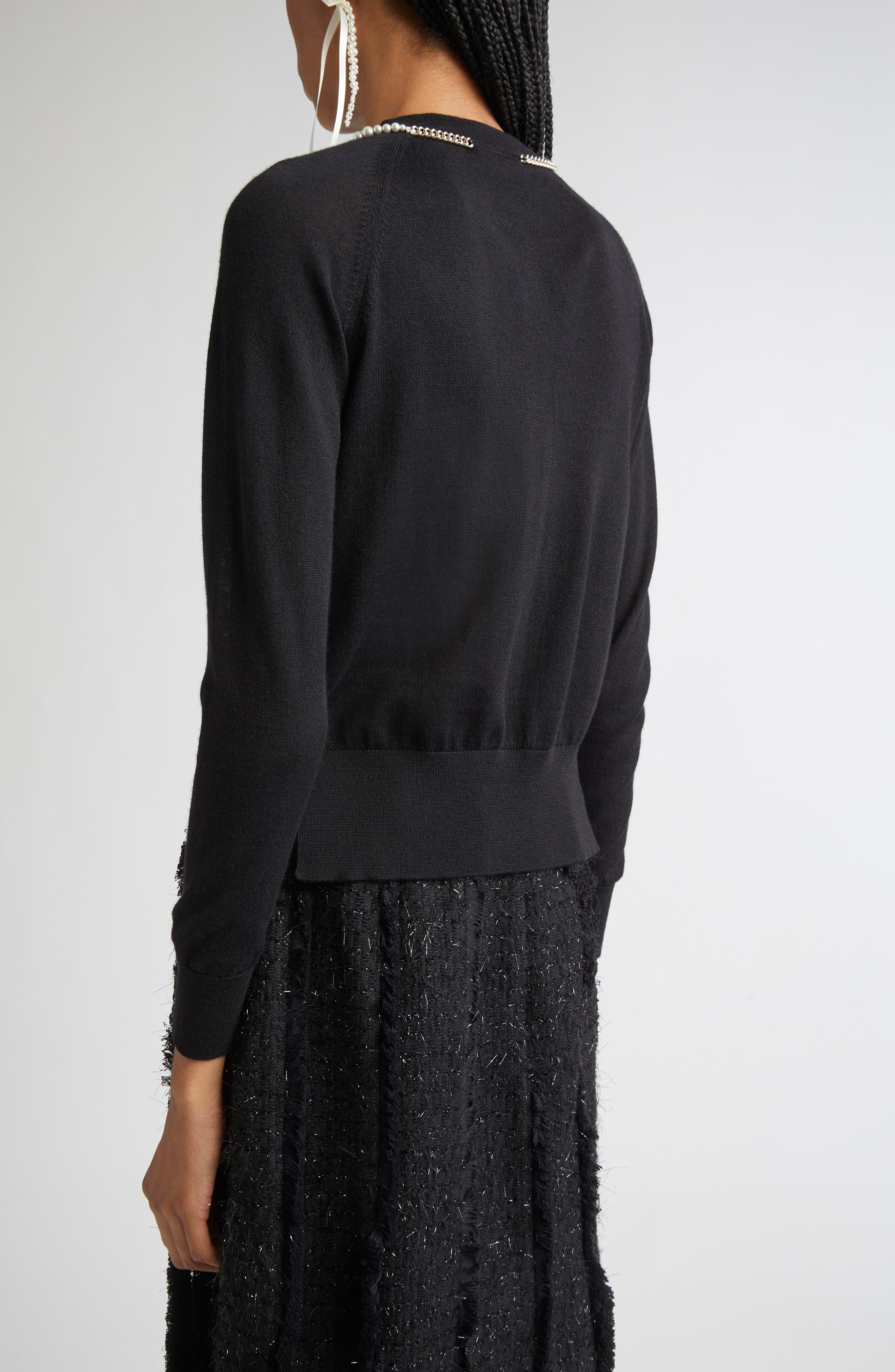 Simone Rocha Classic Long Sleeve Merino Wool & Silk Cardigan with Faux Pearl Detail in Black/Pearl a - 3