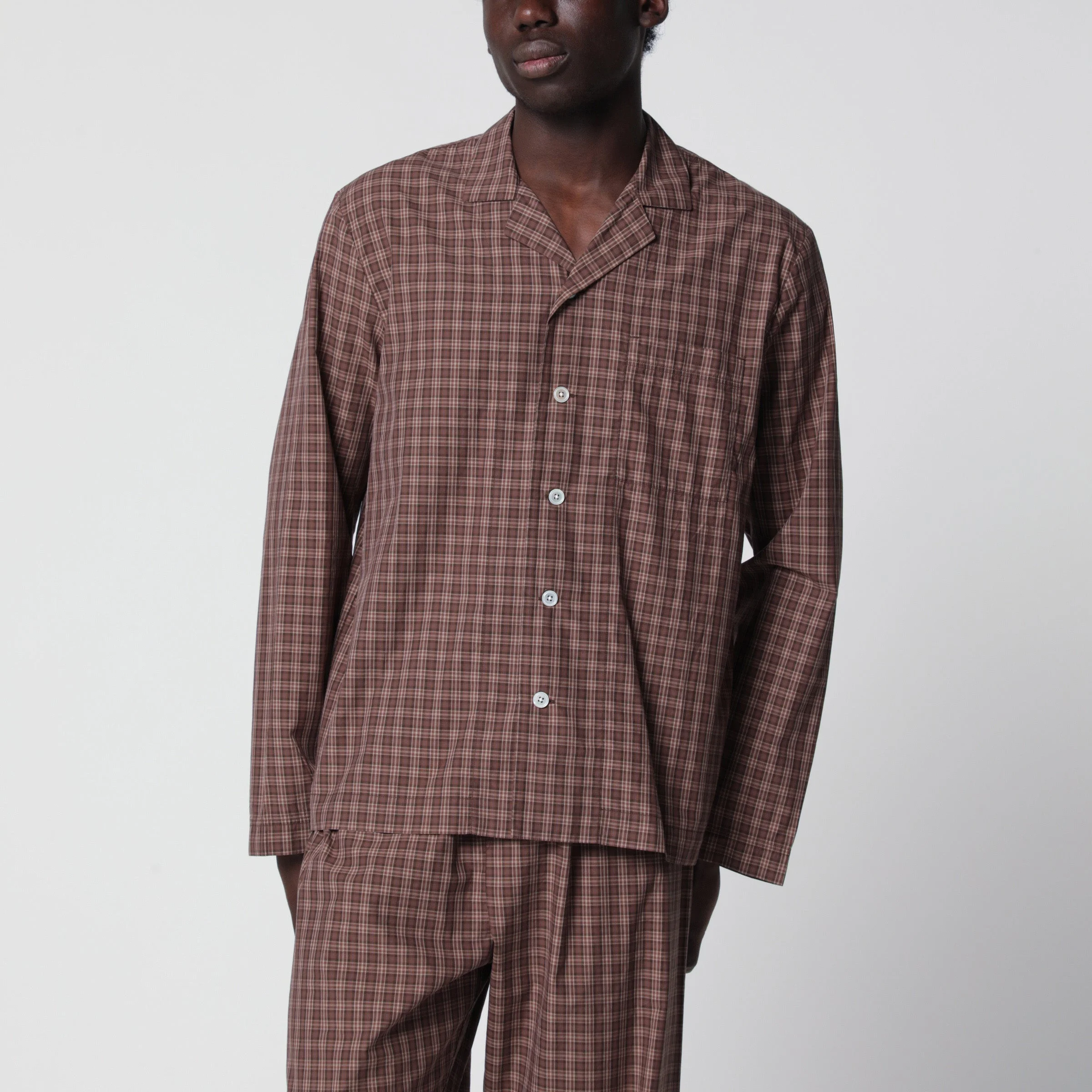 Serra-colored cotton pajama shirt with check pattern - 1