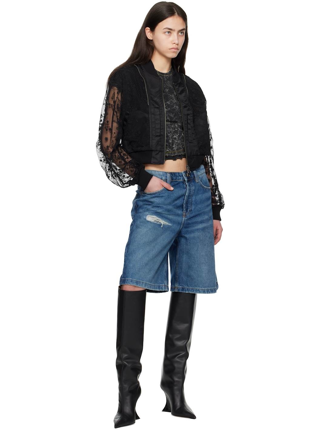 Black Layered Logo Lace Short Bomber Jacket - 4