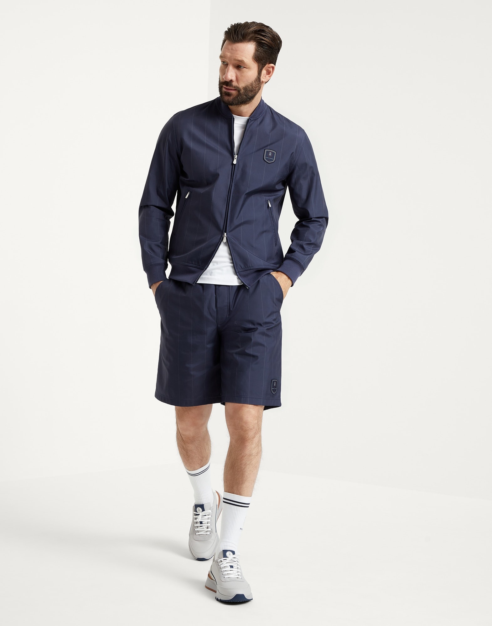 Chalk stripe nylon Bermuda shorts with tennis badge - 4