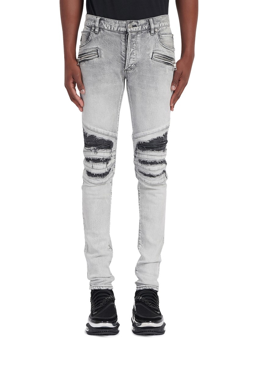 Slim cut ripped cotton jeans with synthetic leather panels - 2