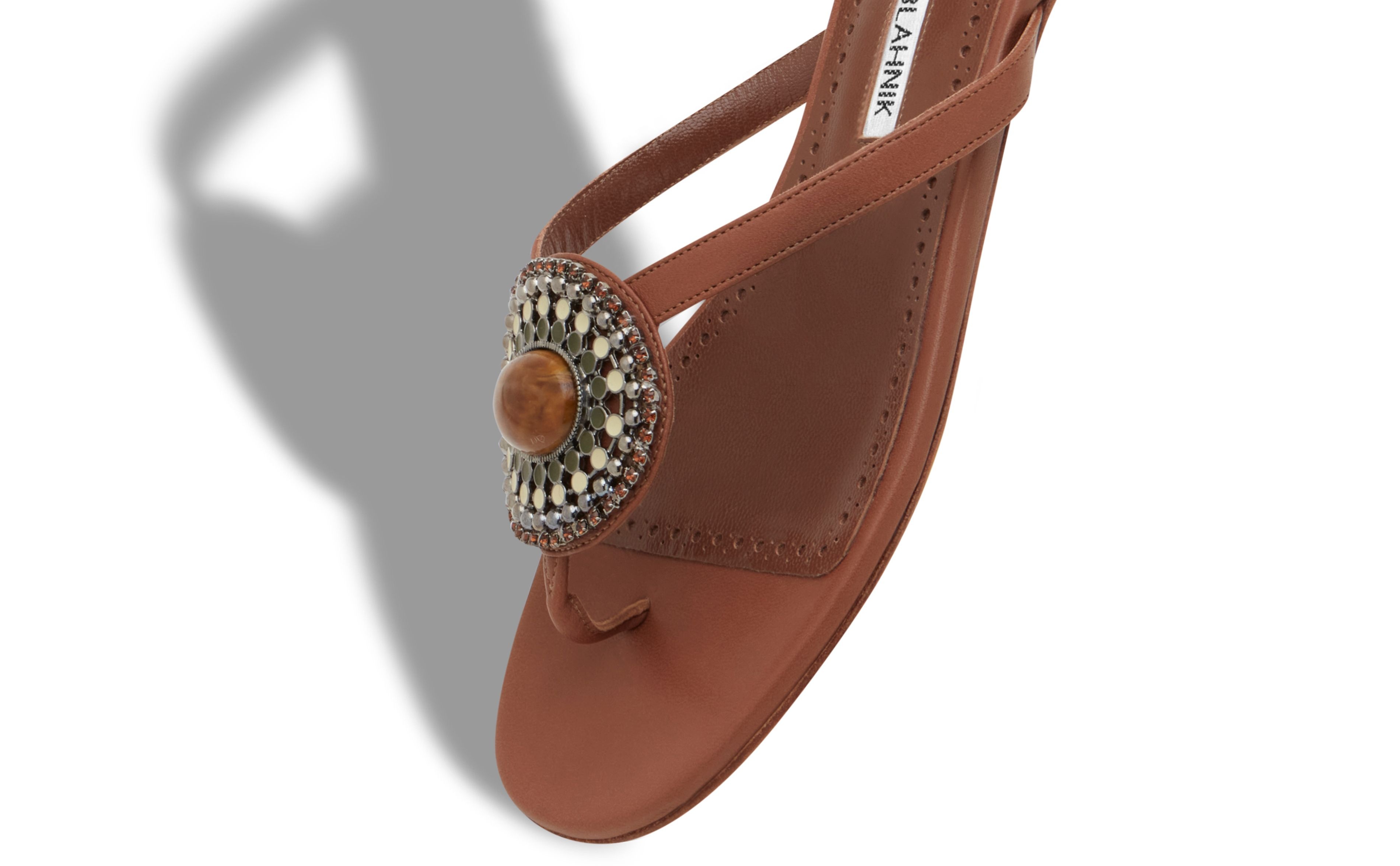 Brown Nappa Leather Jewel Flat Sandals - 4