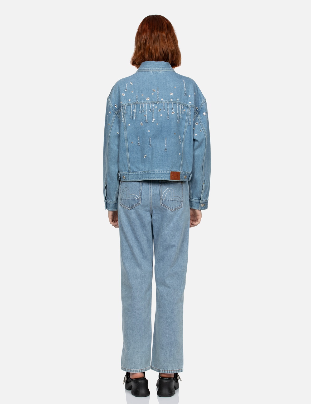 CRYSTAL EMBELLISHED AND SEAGULL HOLLOW-OUT FASHION FIT DENIM JEANS - 5