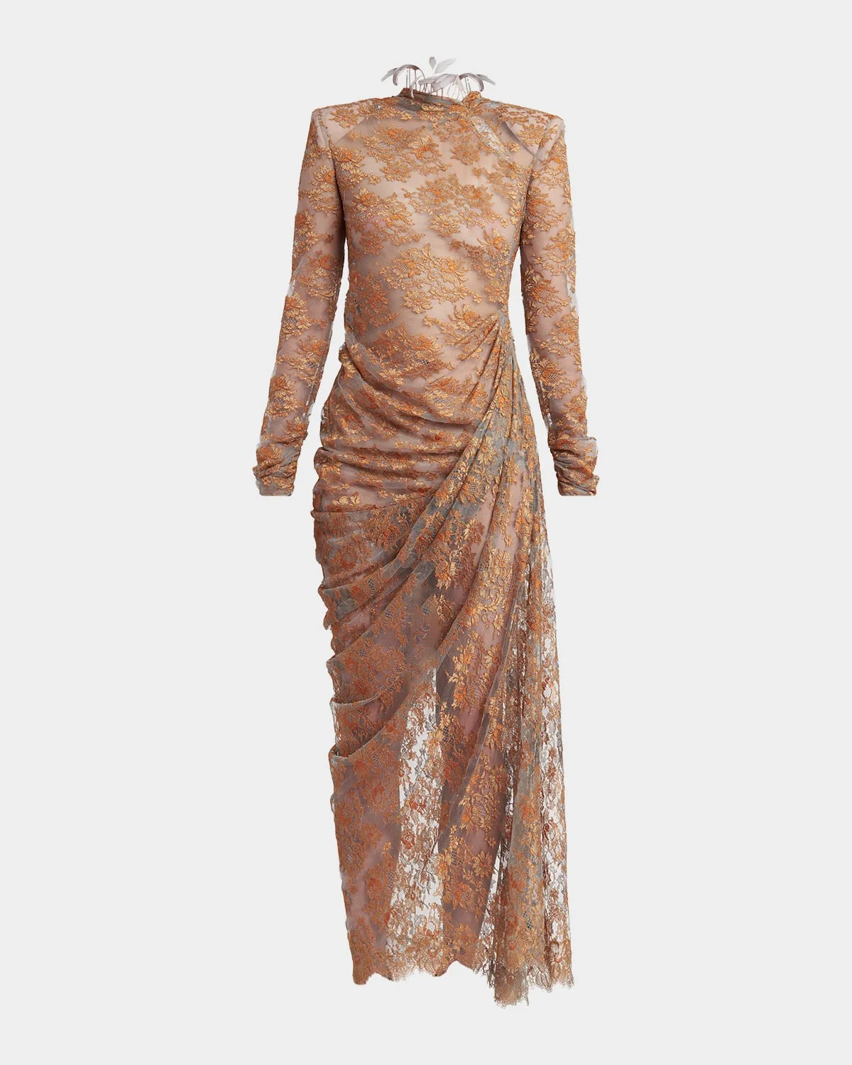 Feather-Trim Draped Lace Long-Sleeve Maxi Dress - 1