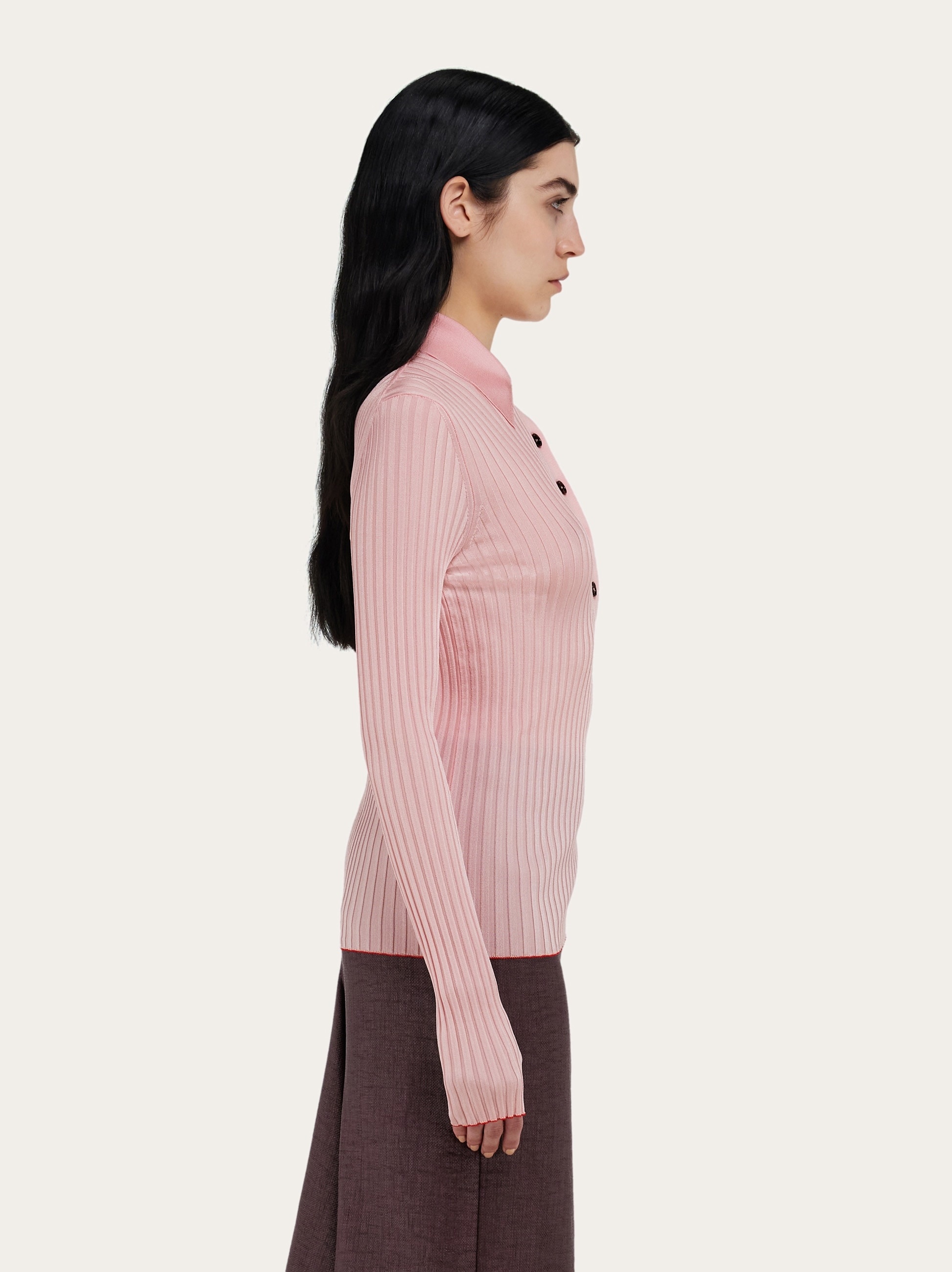Long sleeved ribbed knit polo top - 3