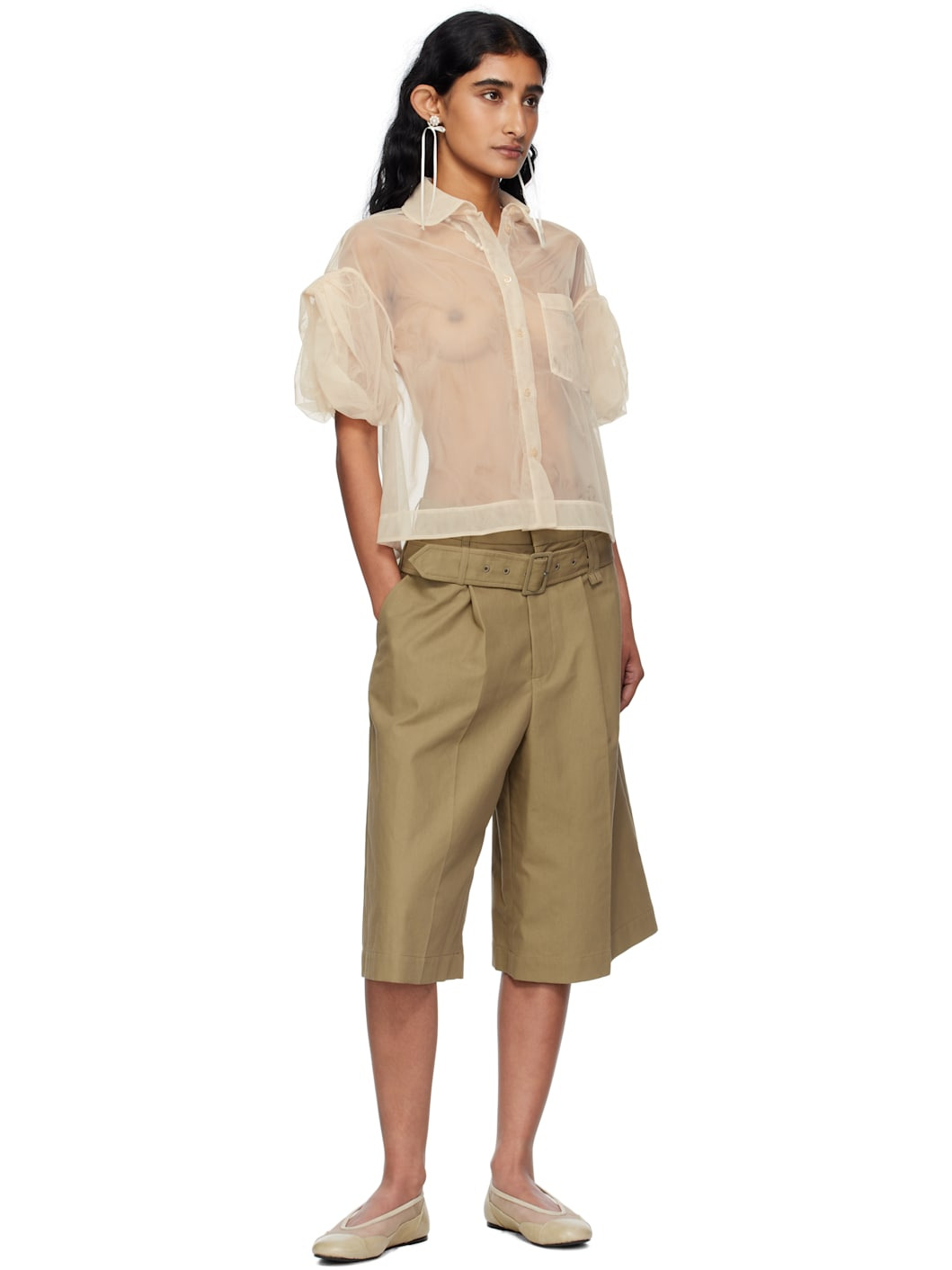 Beige Sheer Cropped Bow Puff Sleeve Shirt - 4