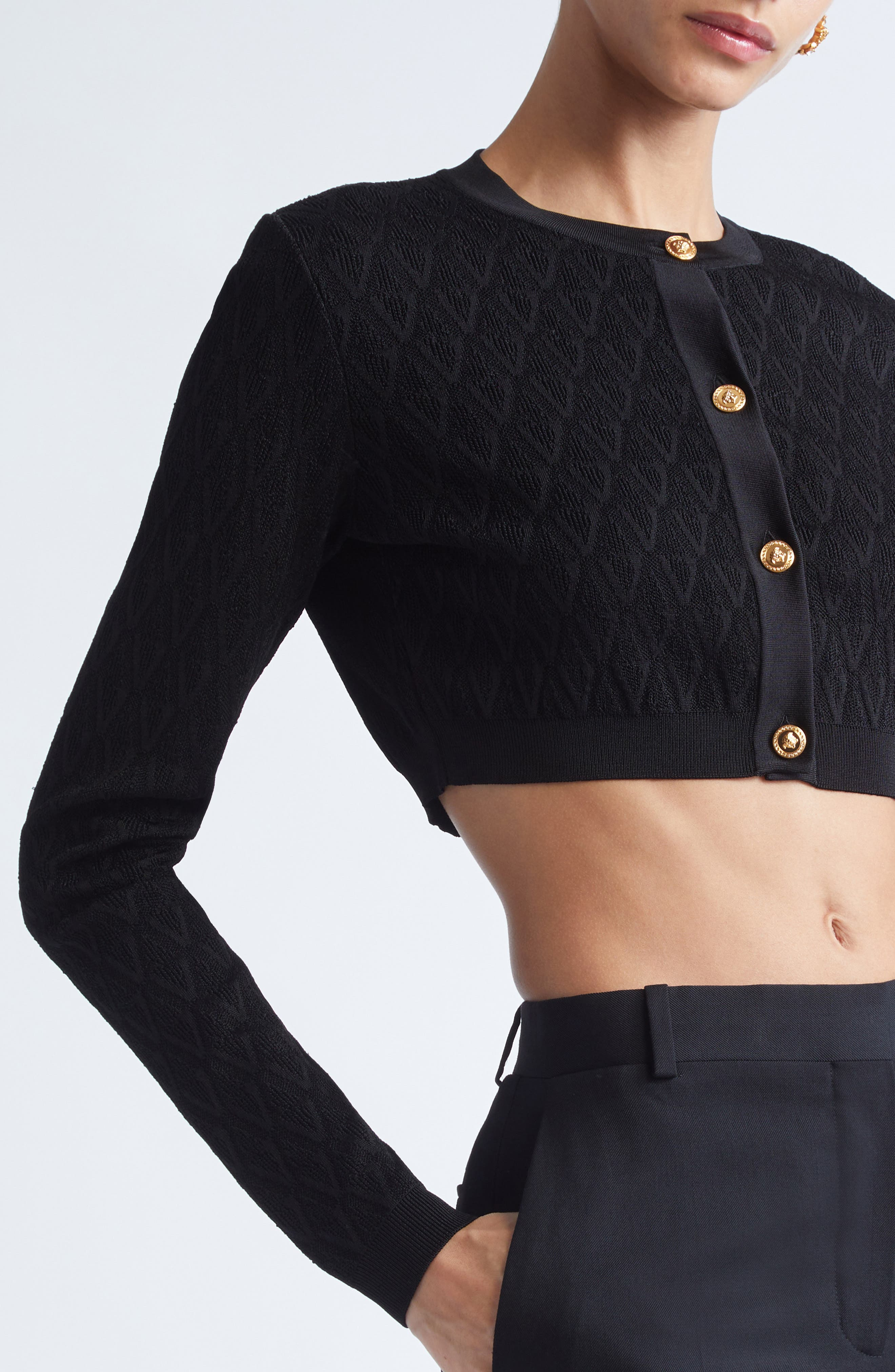 Versace V Jacquard Crop Cardigan in Black at Nordstrom - 5
