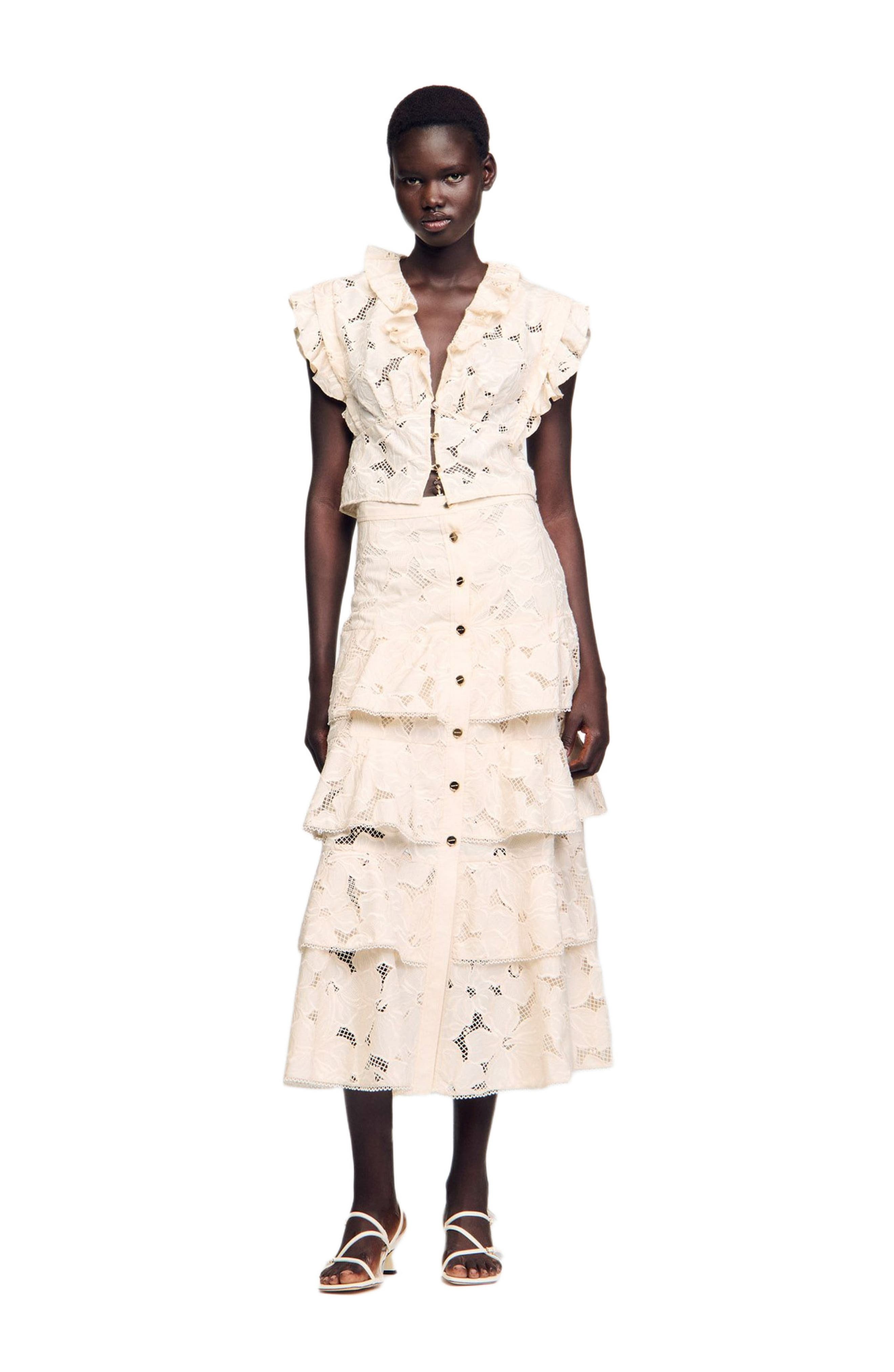SANDRO Long frilled skirt in Ecru at Nordstrom - 1