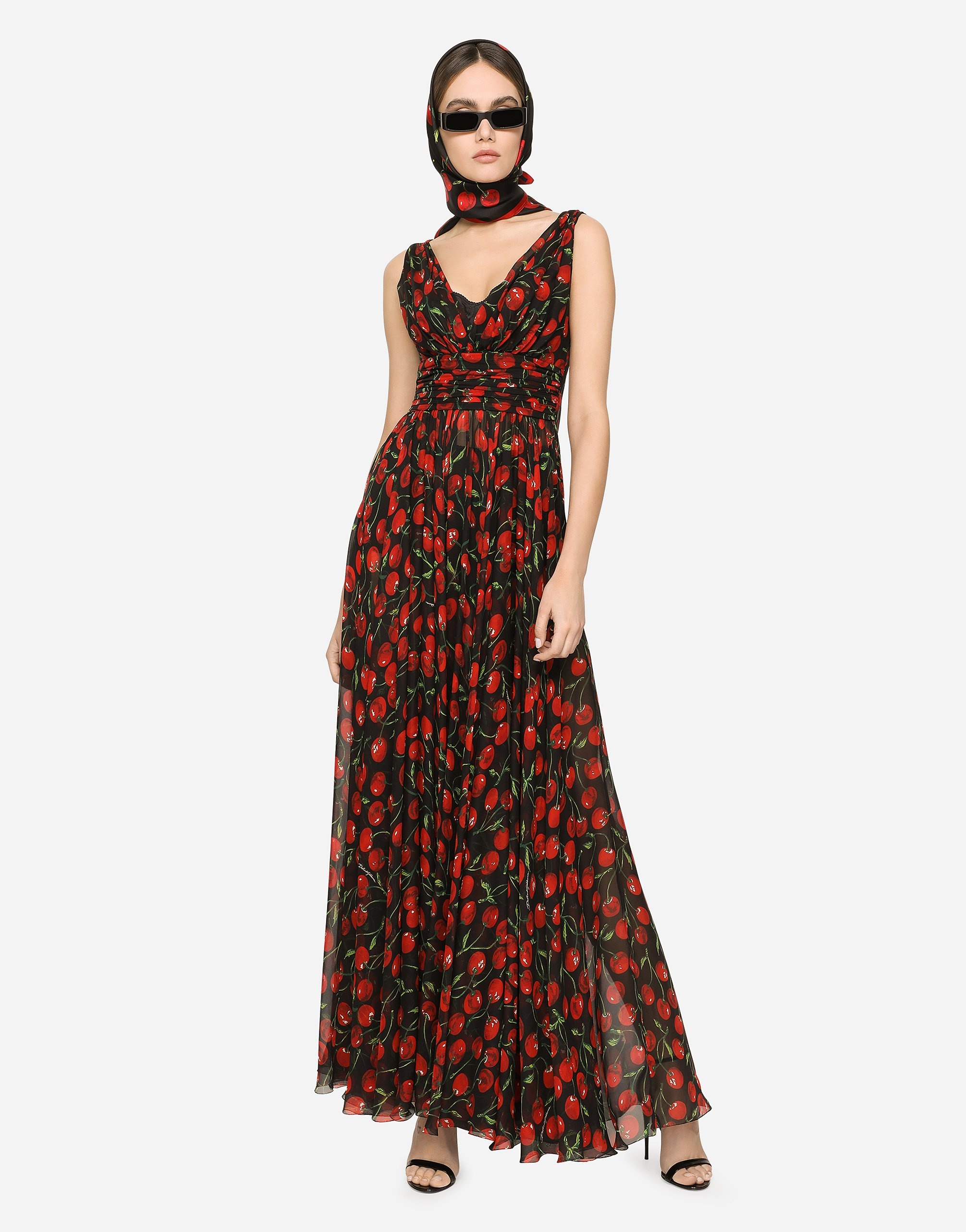 Long cherry-print chiffon dress - 2