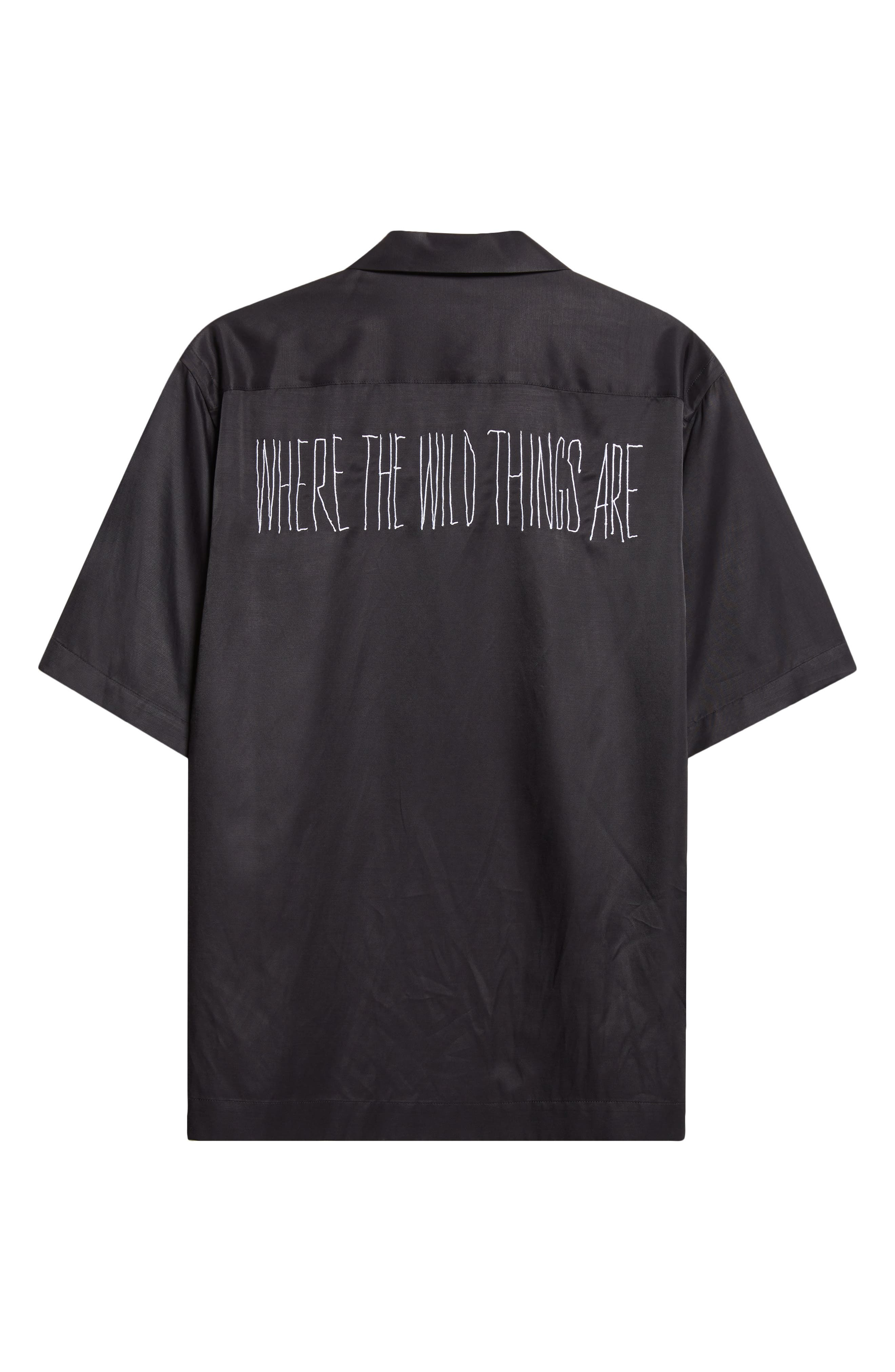 Sacai Where the Wild Things Are Embroidered Satin Camp Shirt in Black at Nordstrom - 8