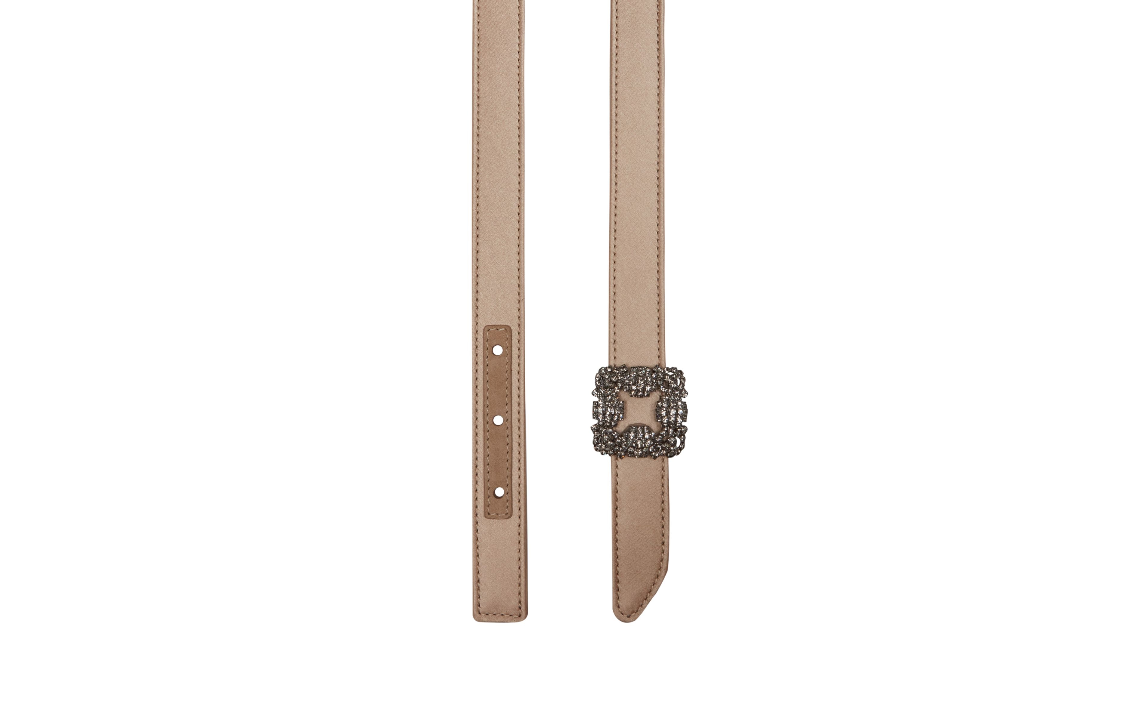 Light Beige Satin Crystal Buckled Belt - 3