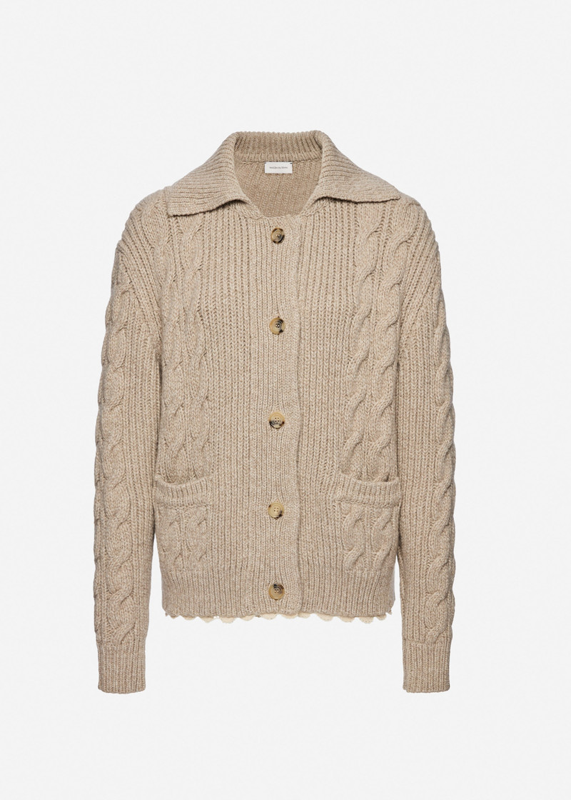 Lace-detail cable knit cardigan jacket in beige 1