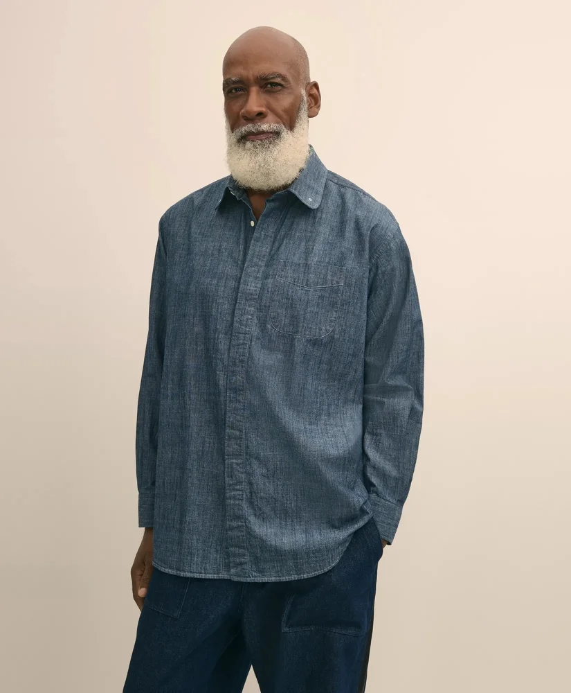 Brooks Brothers X Engineered Garments Cotton Chambray Round Pinhole Collar Oversized Dress Shirt - 1