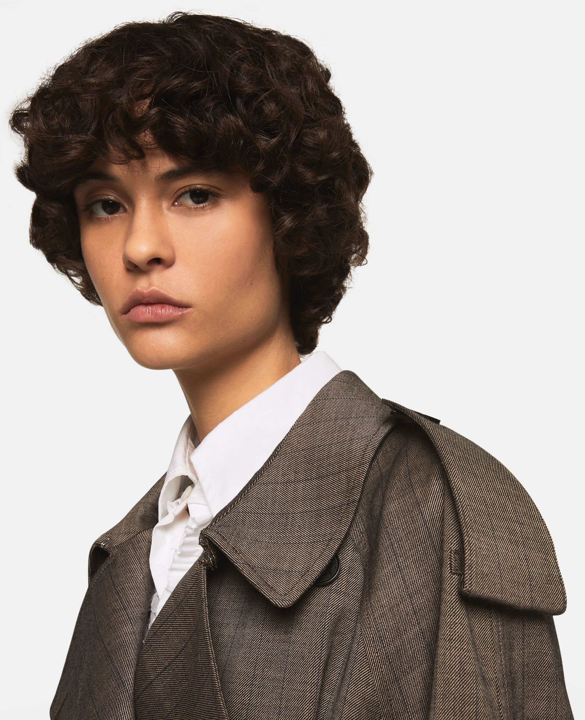 Cropped Checked Wool Trench Jacket - 6