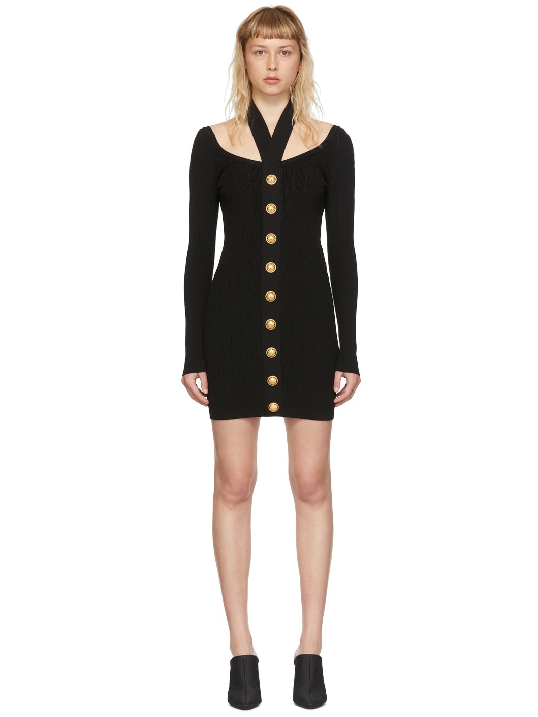 Black Viscose Button Mini Dress - 1