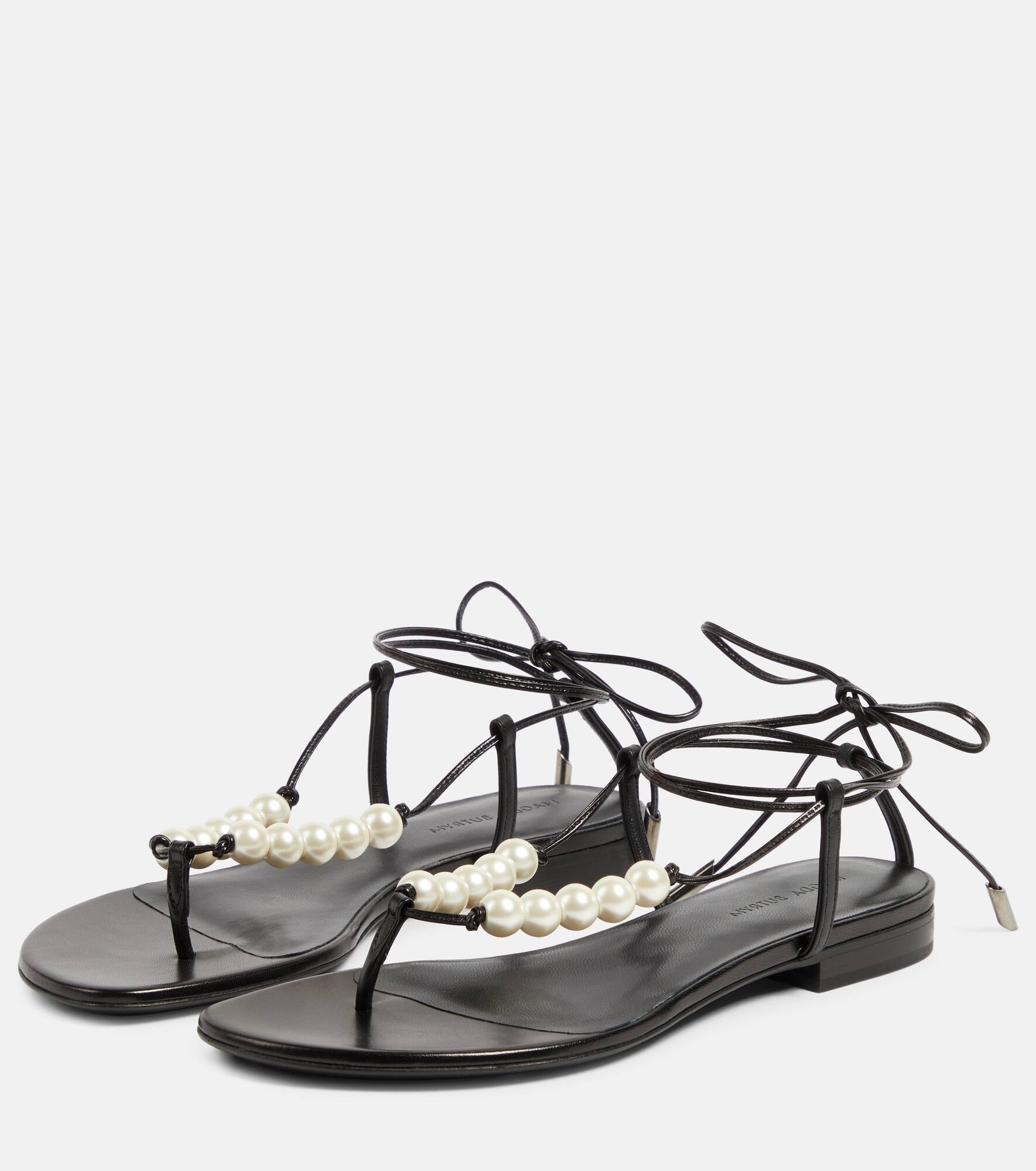 Faux-pearl embellished leather sandals - 5