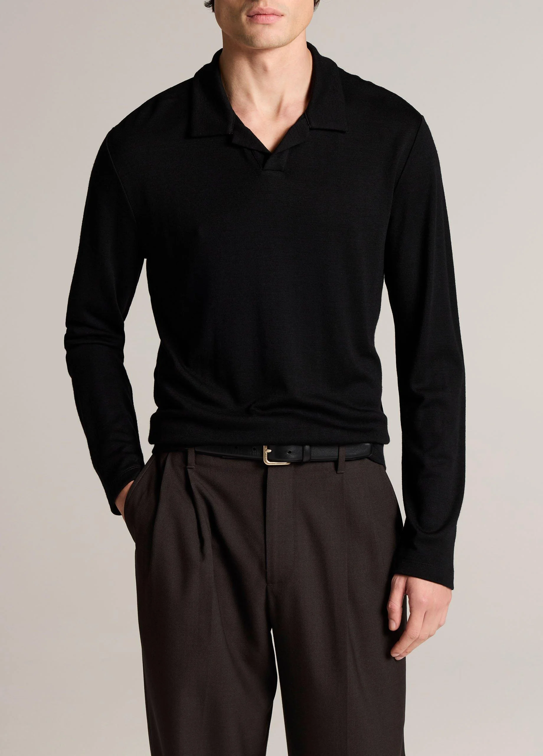 Wool Interlock Johnny-Collar Polo Sweater - 1