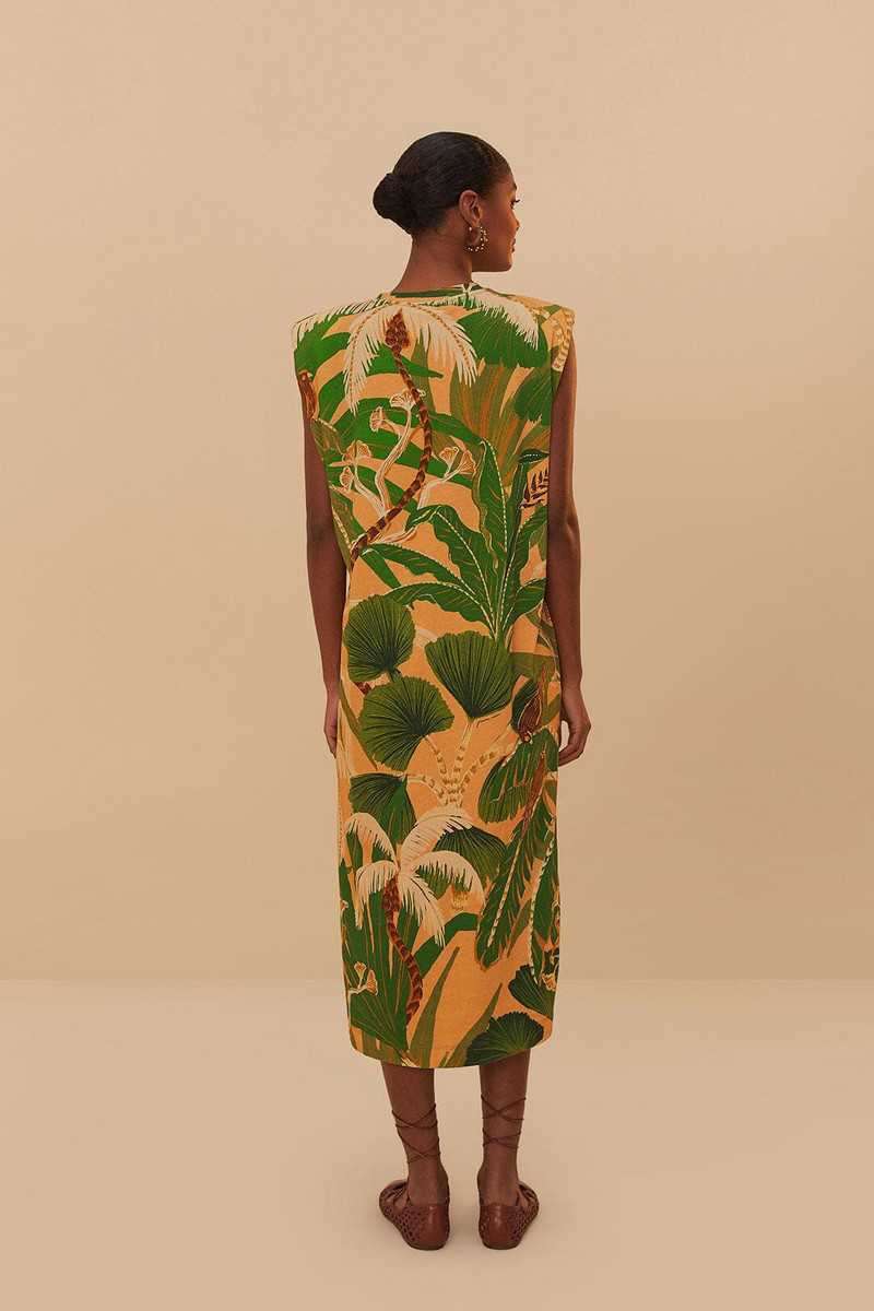 Beige Tropical Isla Padded Shoulders Midi Dress 3