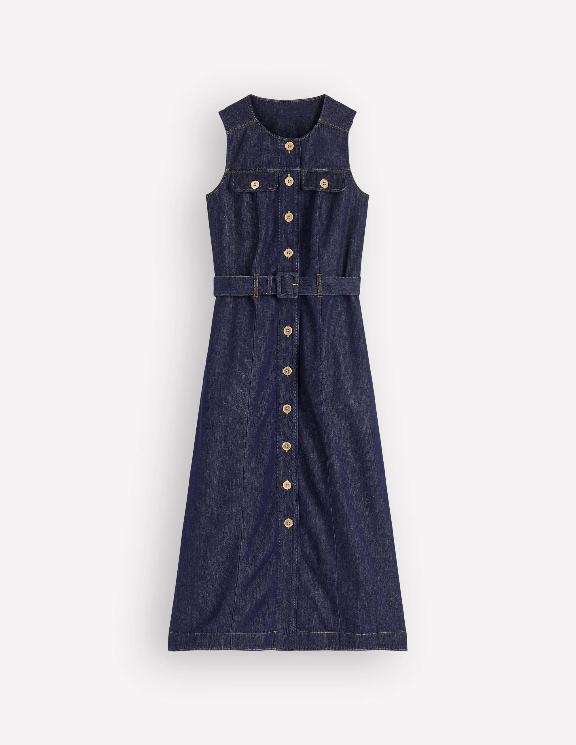 Gold Button Denim Midi Dress-Indigo - 1