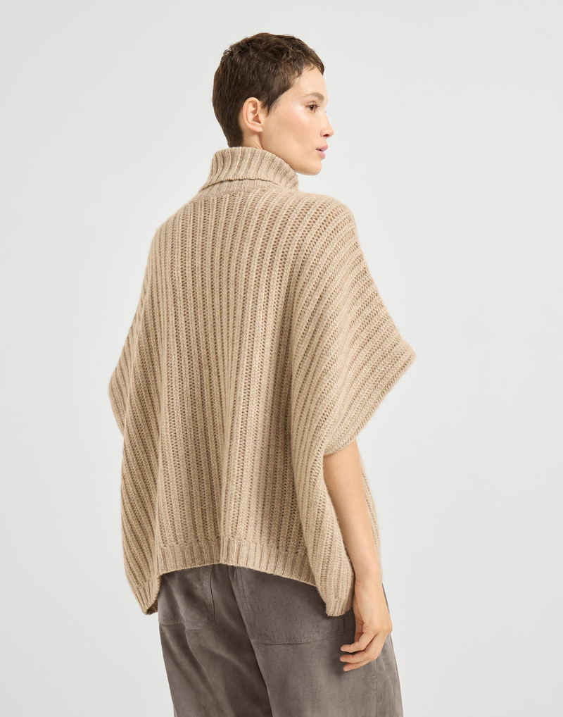 Brunello Cucinelli Cashmere Feather yarn wide rib poncho-style sweater outlook