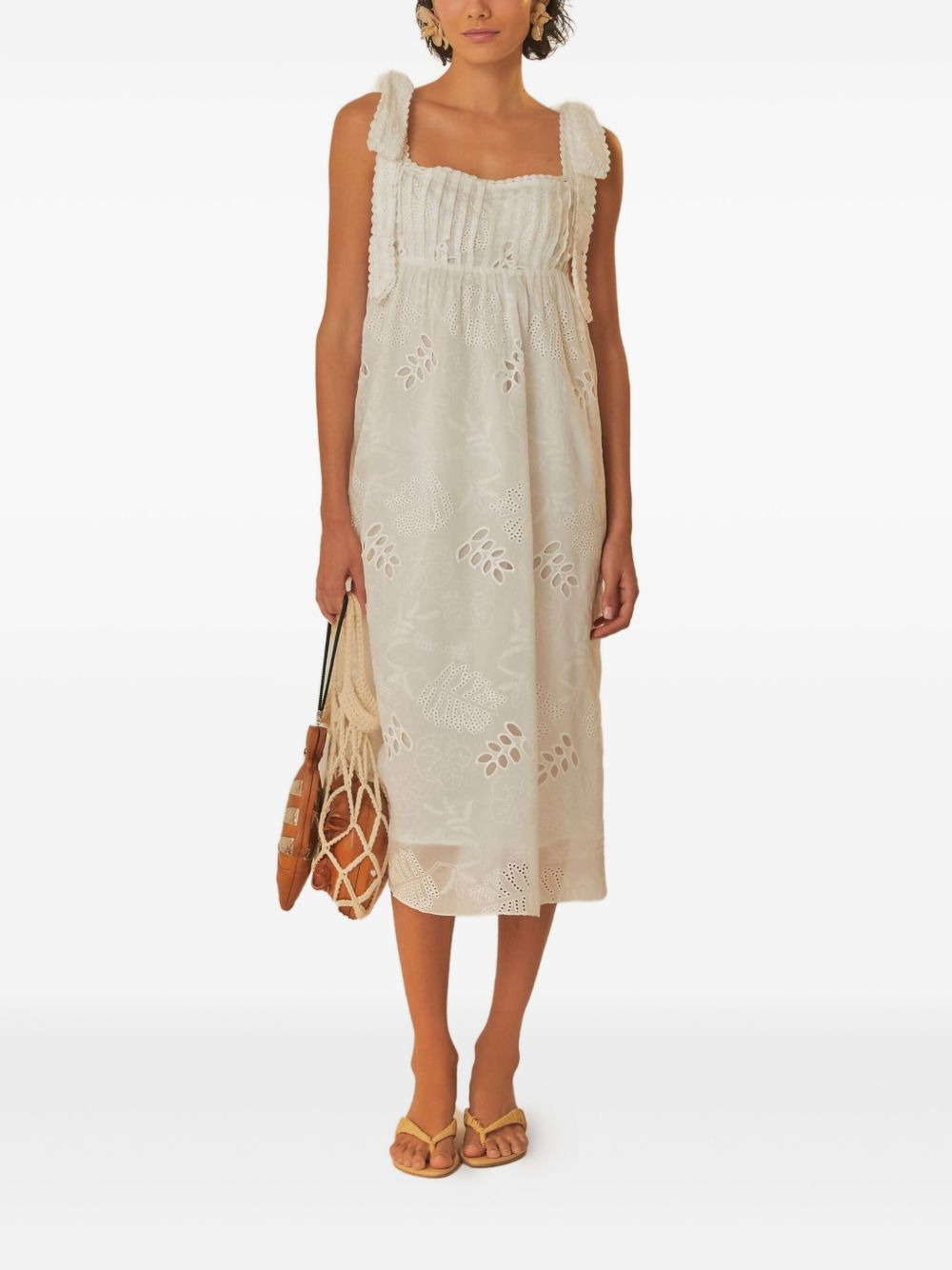 eyelet-embroidered tie-shoulder midi dress - 2