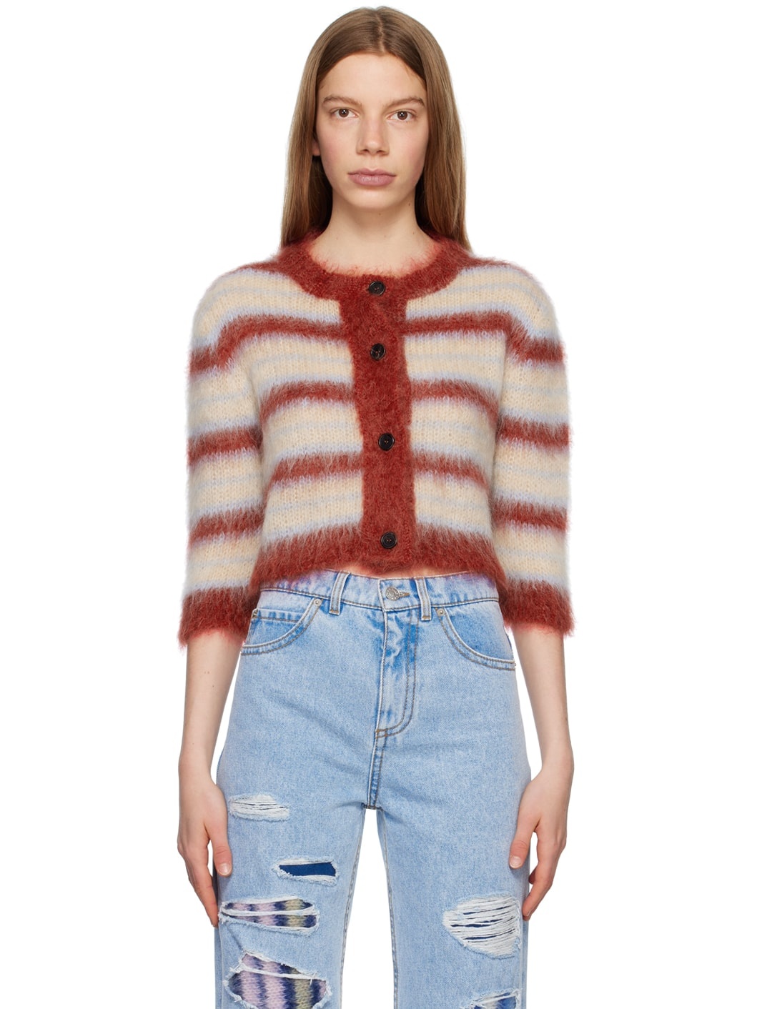 Beige & Red Striped Cardigan - 1