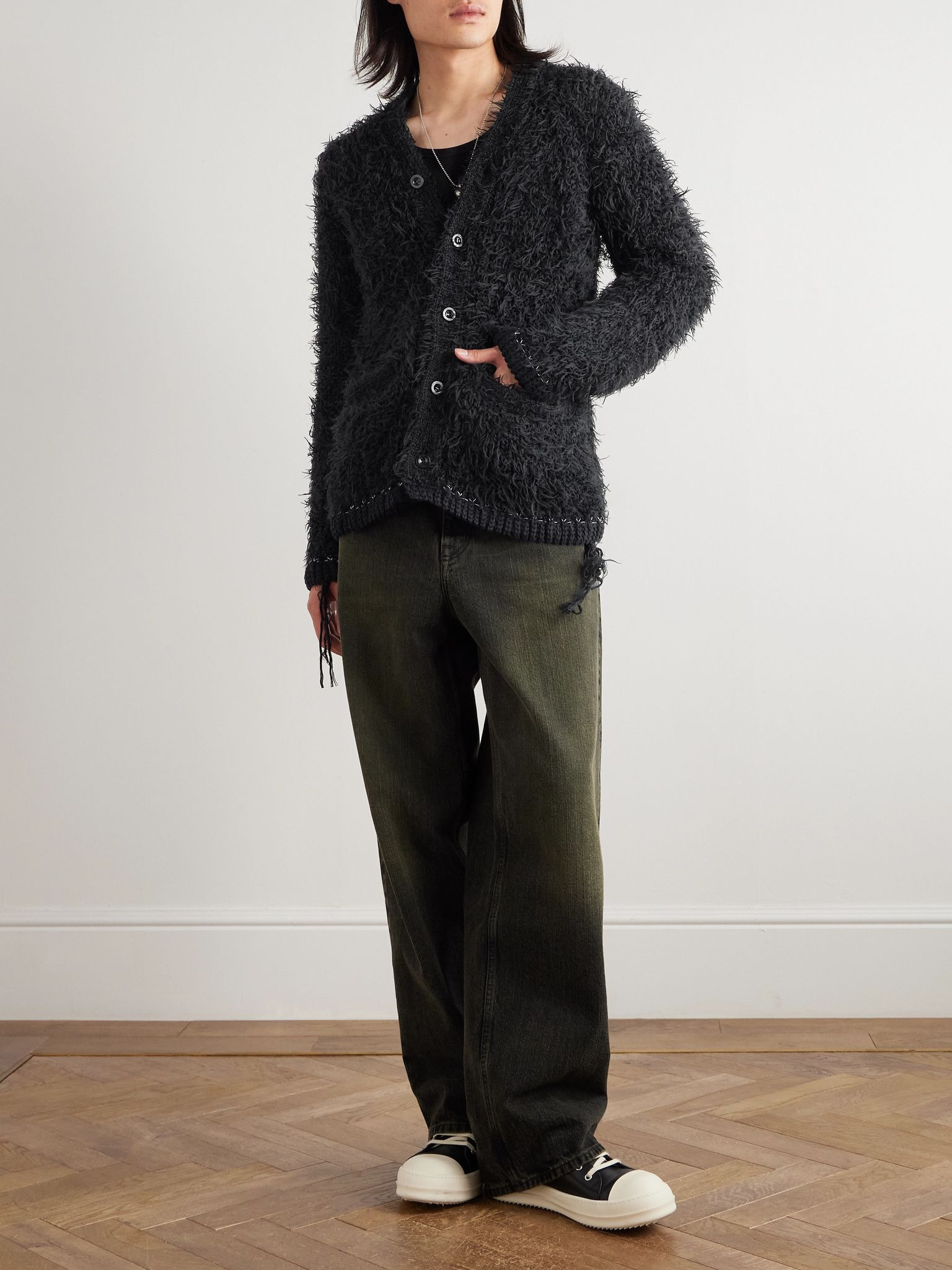 Distressed Brushed-Knit Cardigan Black - 2