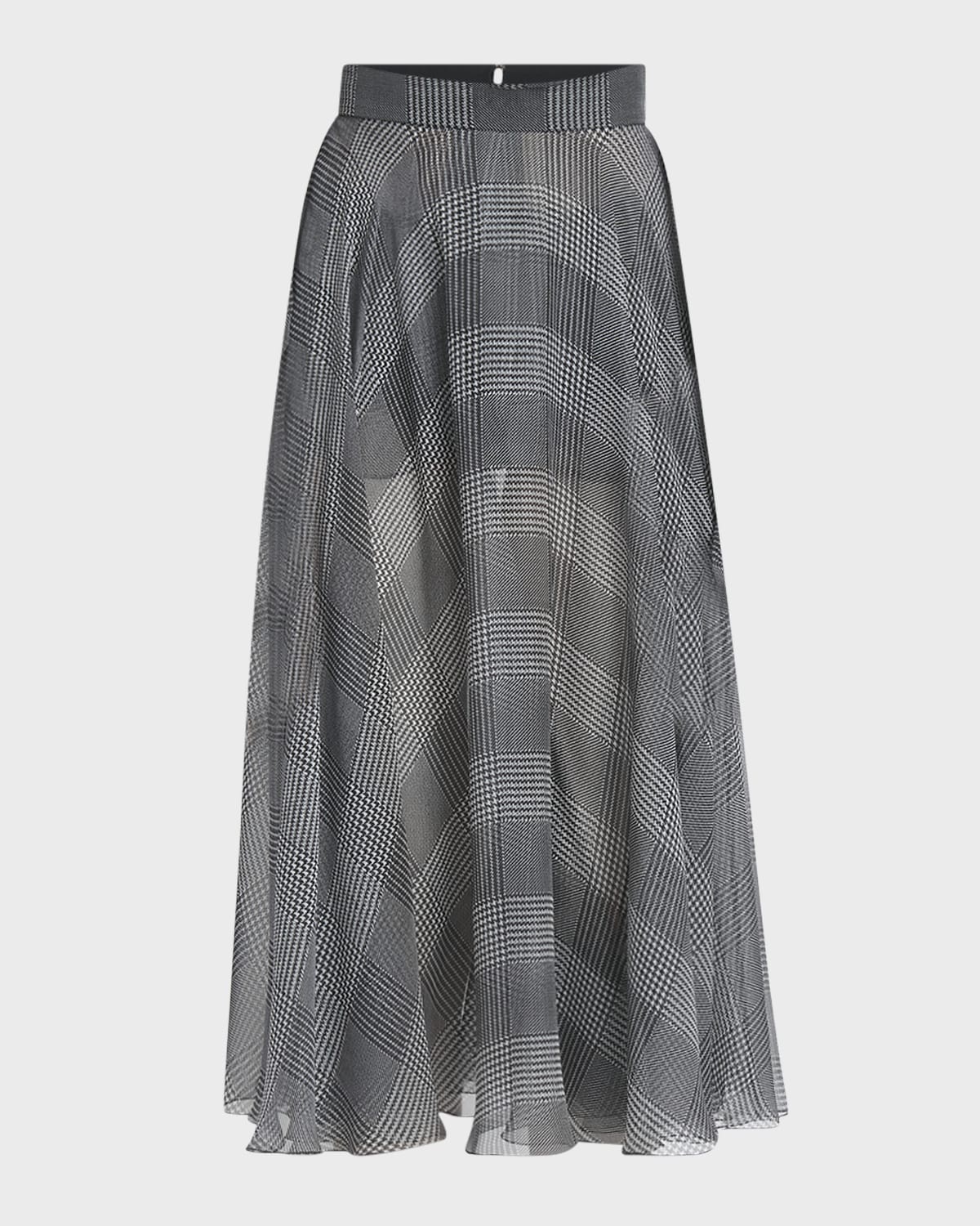 Houndstooth Check Silk Chiffon Longuette Skirt - 1