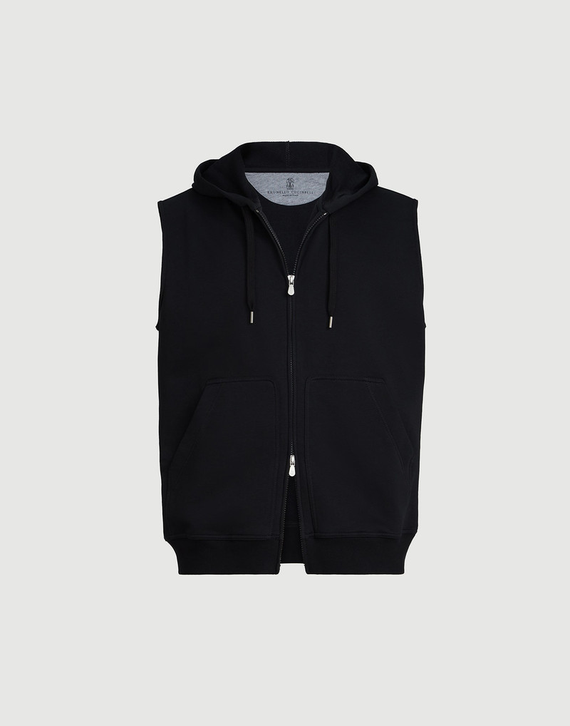 Techno cotton French terry sleeveless sweatshirt with zipper and hood 1
