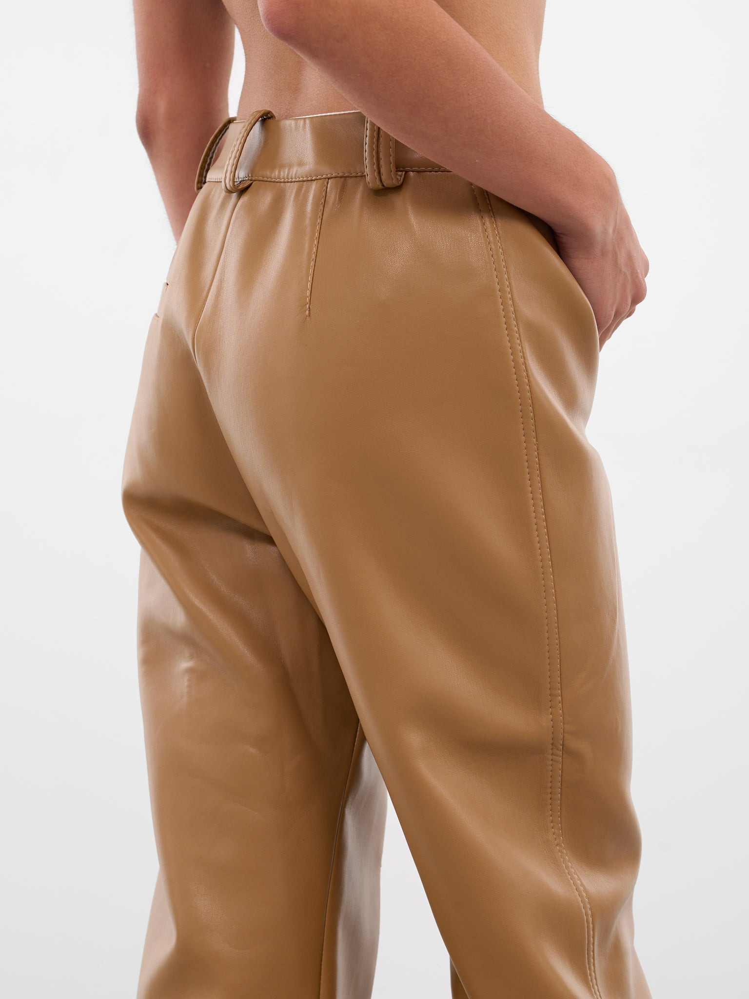Beige Vegan Leather Cut-Out Trousers - 4