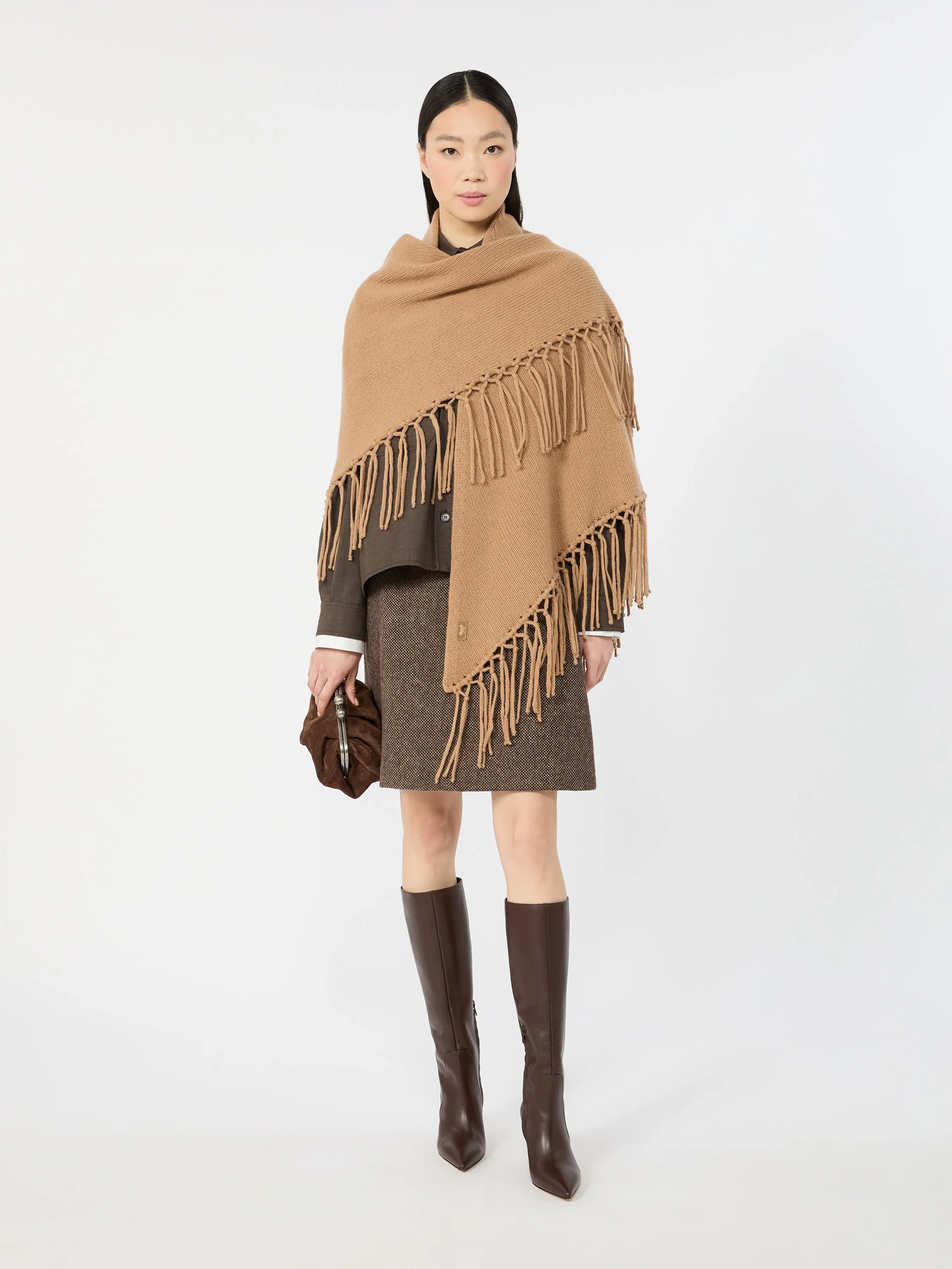 TORNADO Fringed wool shawl - CAMEL - 1