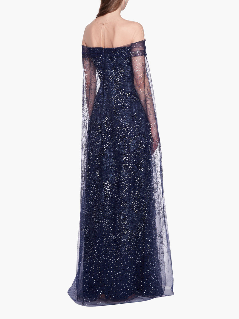 Marchesa OFF-SHOULDER GLITTER CAPE GOWN outlook