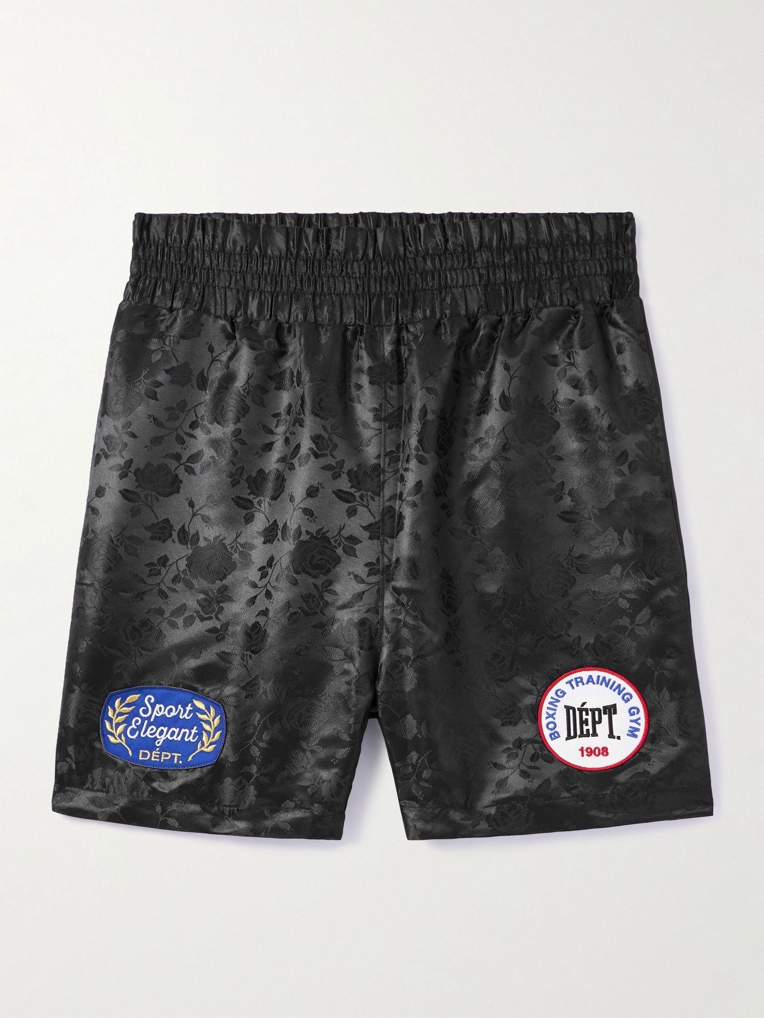Boxing Straight-Leg Appliquéd Satin-Jacquard Shorts Black - 1