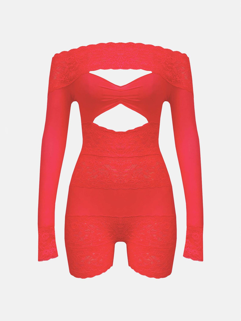 DAVINA SLEEVED ROMPER VIXEN RED 1