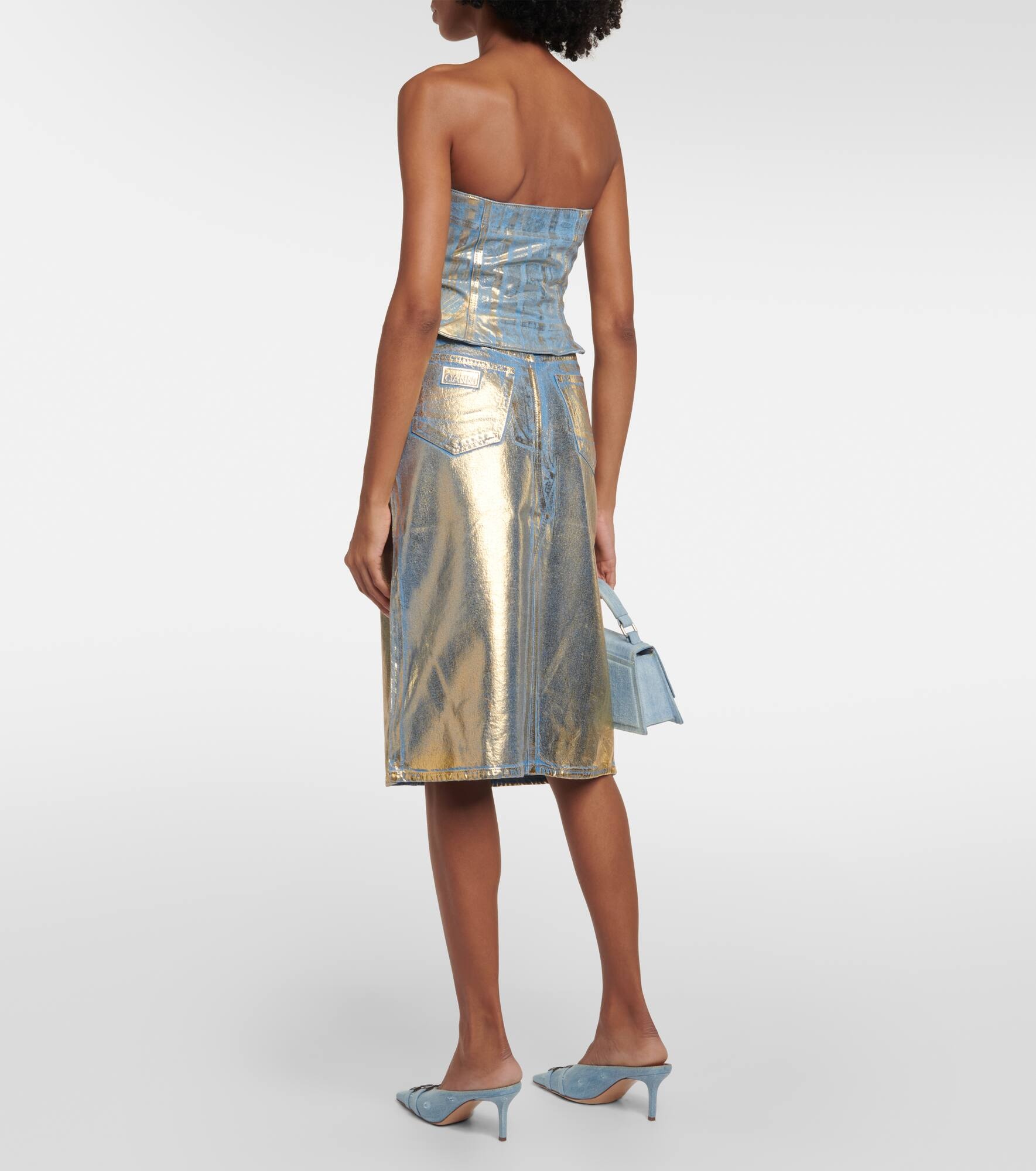 Gold-foiled denim tube top - 3