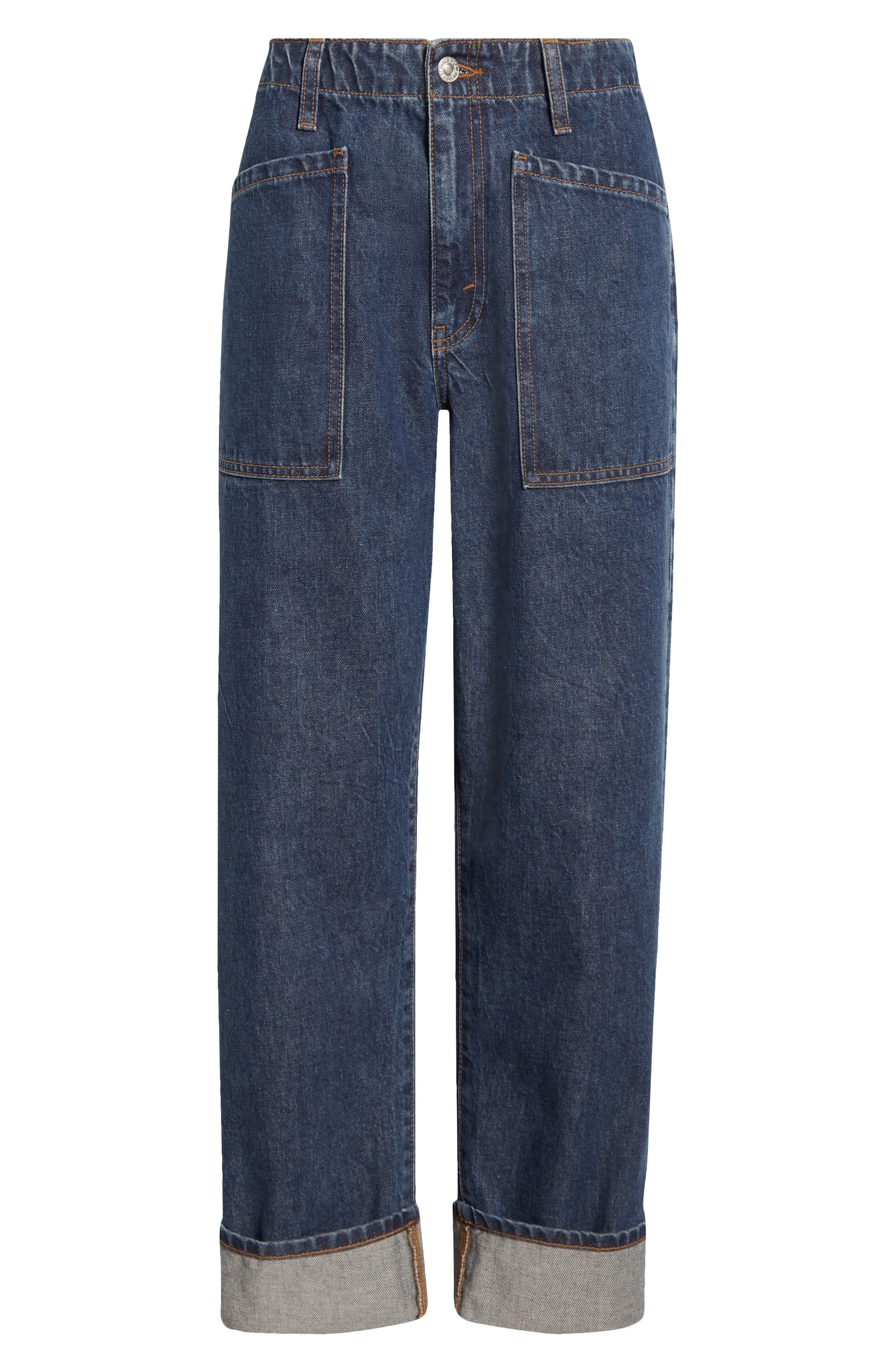 Re/Done The Bender High Waist Cuff Straight Leg Jeans in Rustic Indigo at Nordstrom - 5