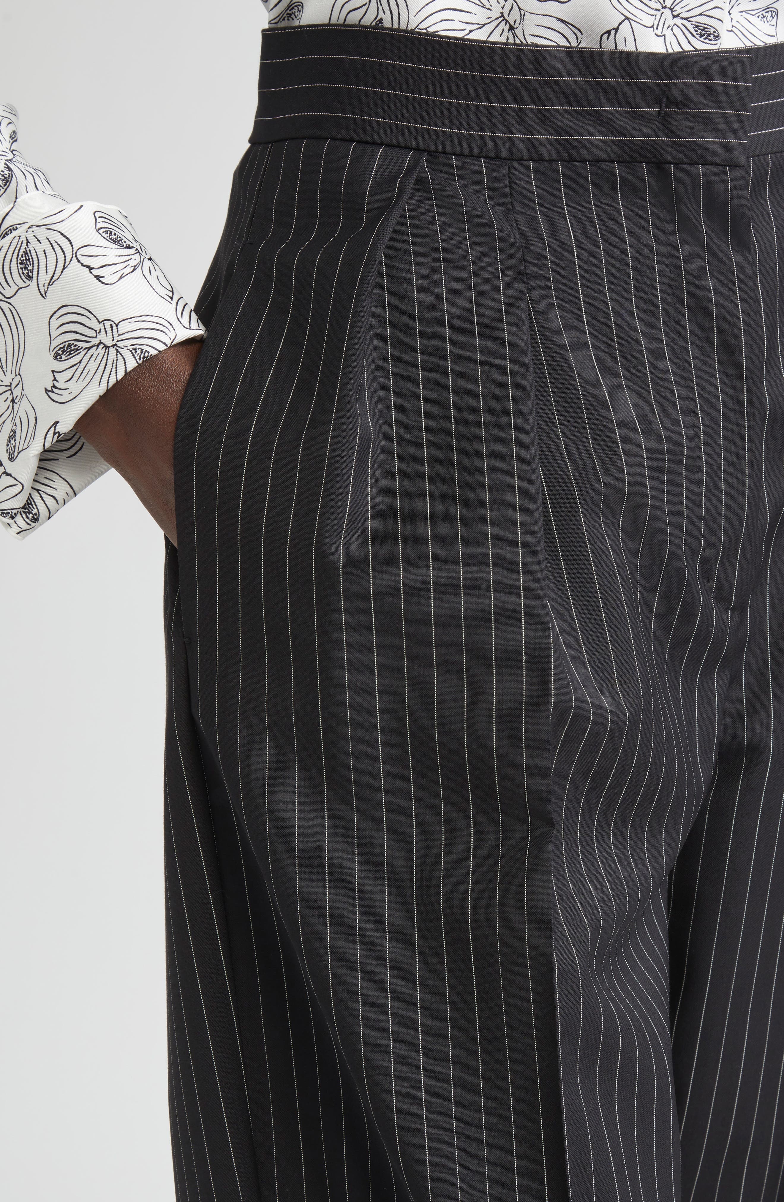 Max Mara Sesamo Pinstripe Wool Straight Leg Pants in Black/White at Nordstrom - 5