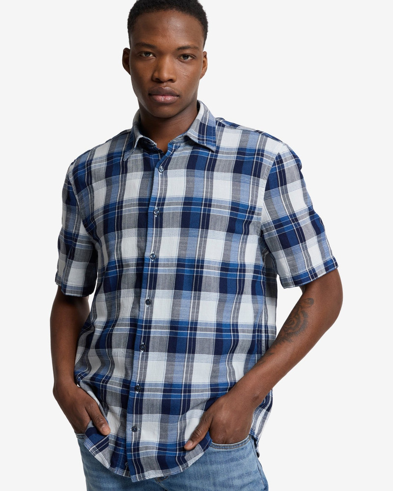 Short Sleeve Button Up Shirt in Indigo Check 4