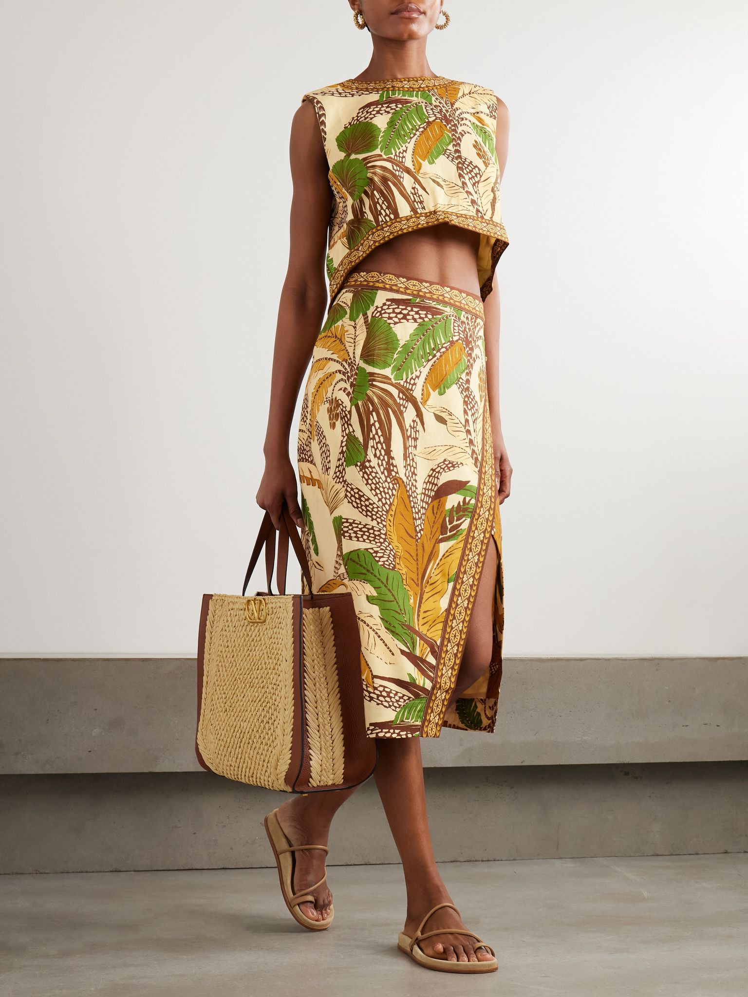 Tasseled printed linen-blend wrap midi skirt Beige - 2