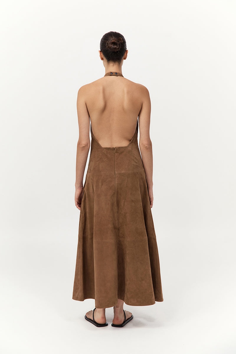 Suede Halter Plunge Dress - Toffee - 5