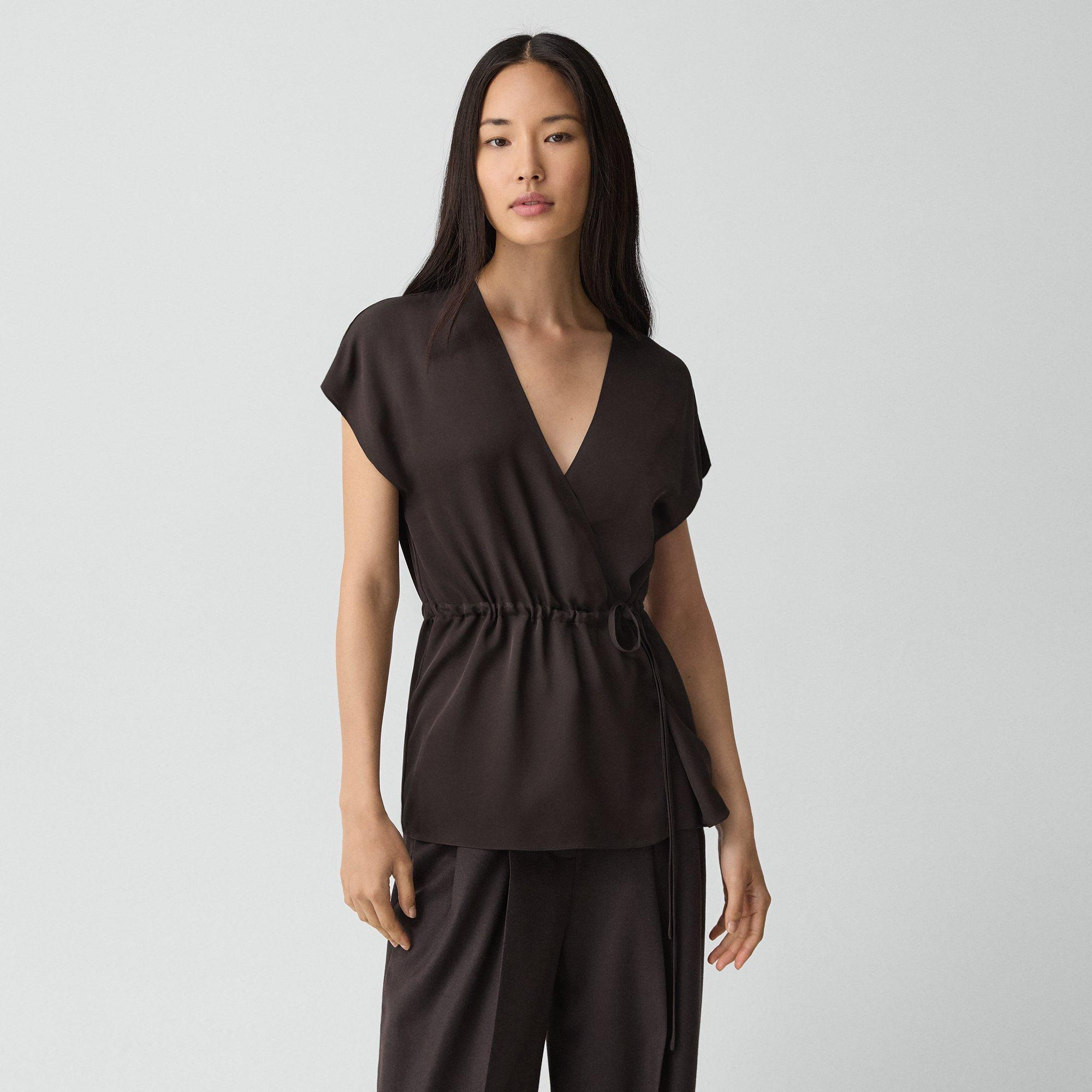 Short-Sleeve Wrap Top in Silk Georgette - 2